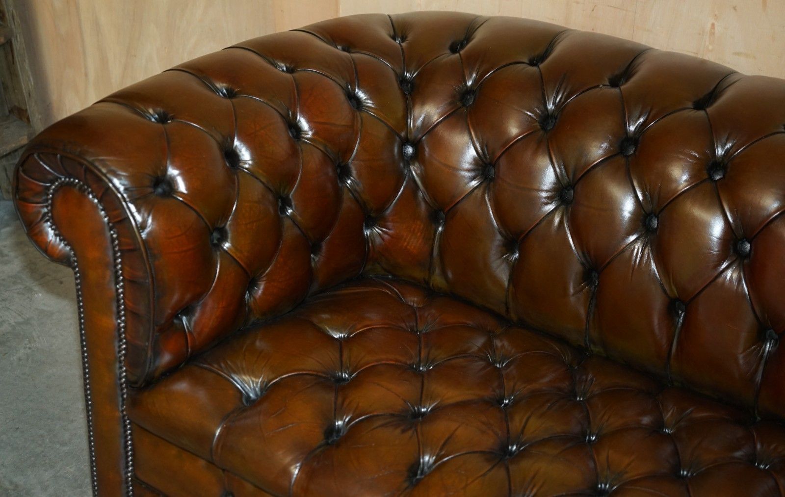 photo for sale Restored 165cm Wide Chesterfield Fully Tufted Two Seat Brown Leather Club Sofa