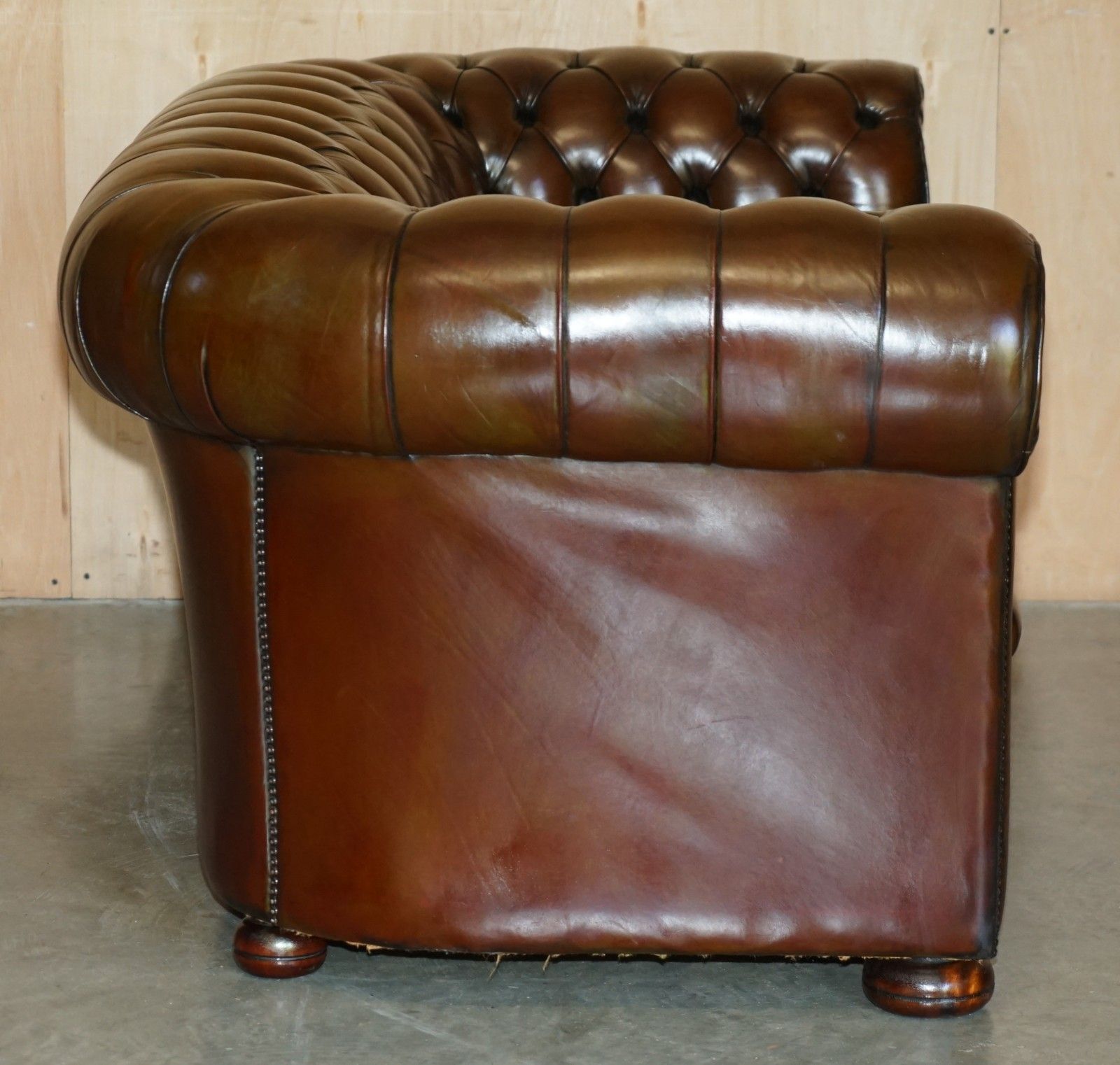 4950.0 Restored 165cm Wide Chesterfield Fully Tufted Two Seat Brown Leather Club Sofa photo
