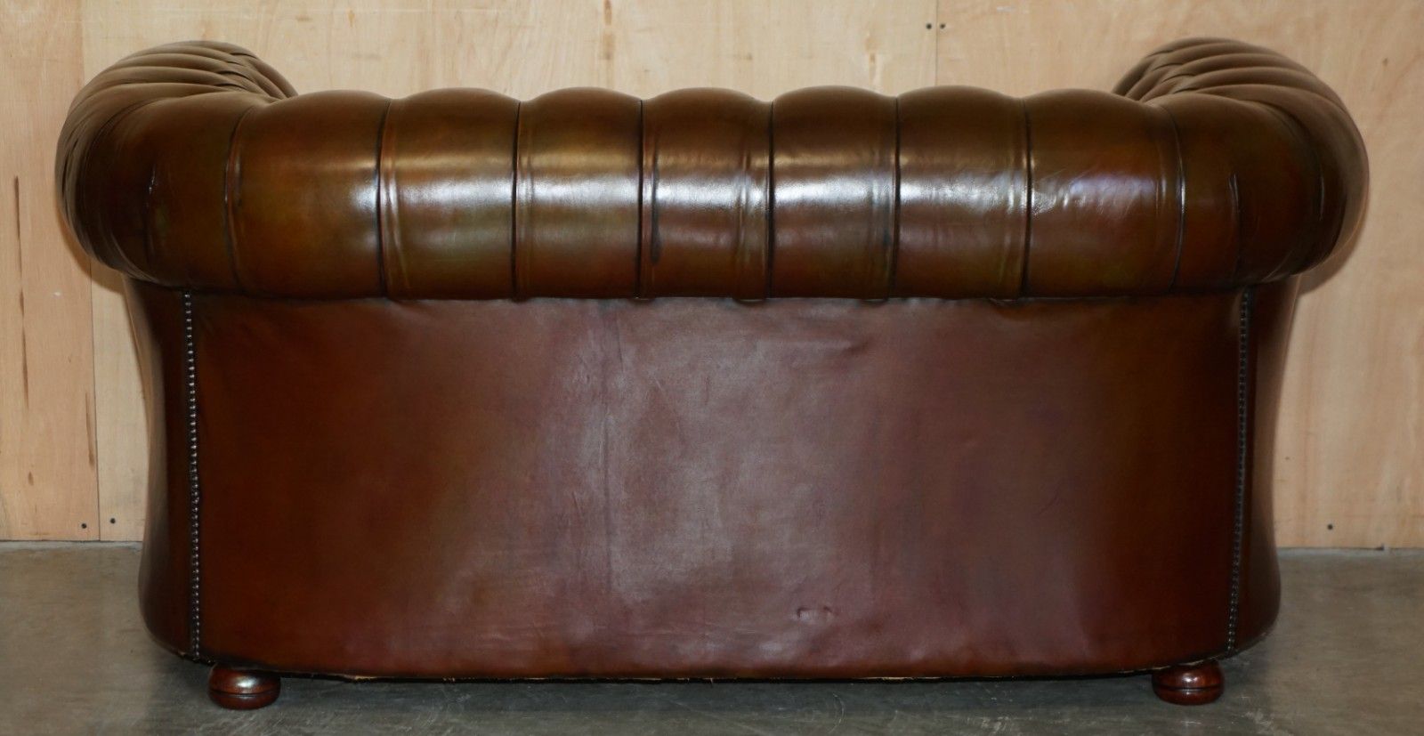 photo vinterior Restored 165cm Wide Chesterfield Fully Tufted Two Seat Brown Leather Club Sofa