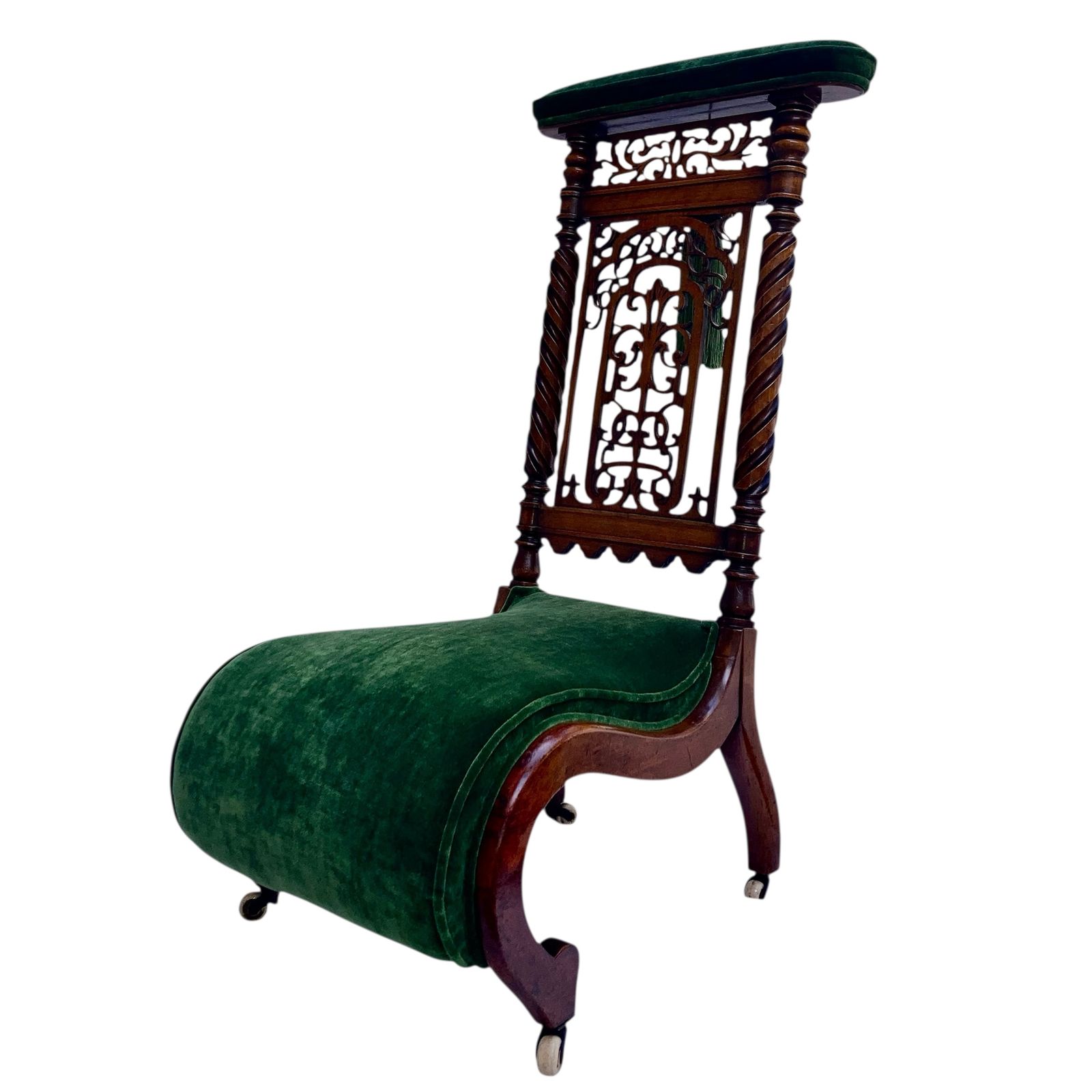 Victorian Walnut Prie Dieu Chair, Circa 1870, With Green Velvet Upholstery And Silk Green Tassels Fully Restored photo furniture