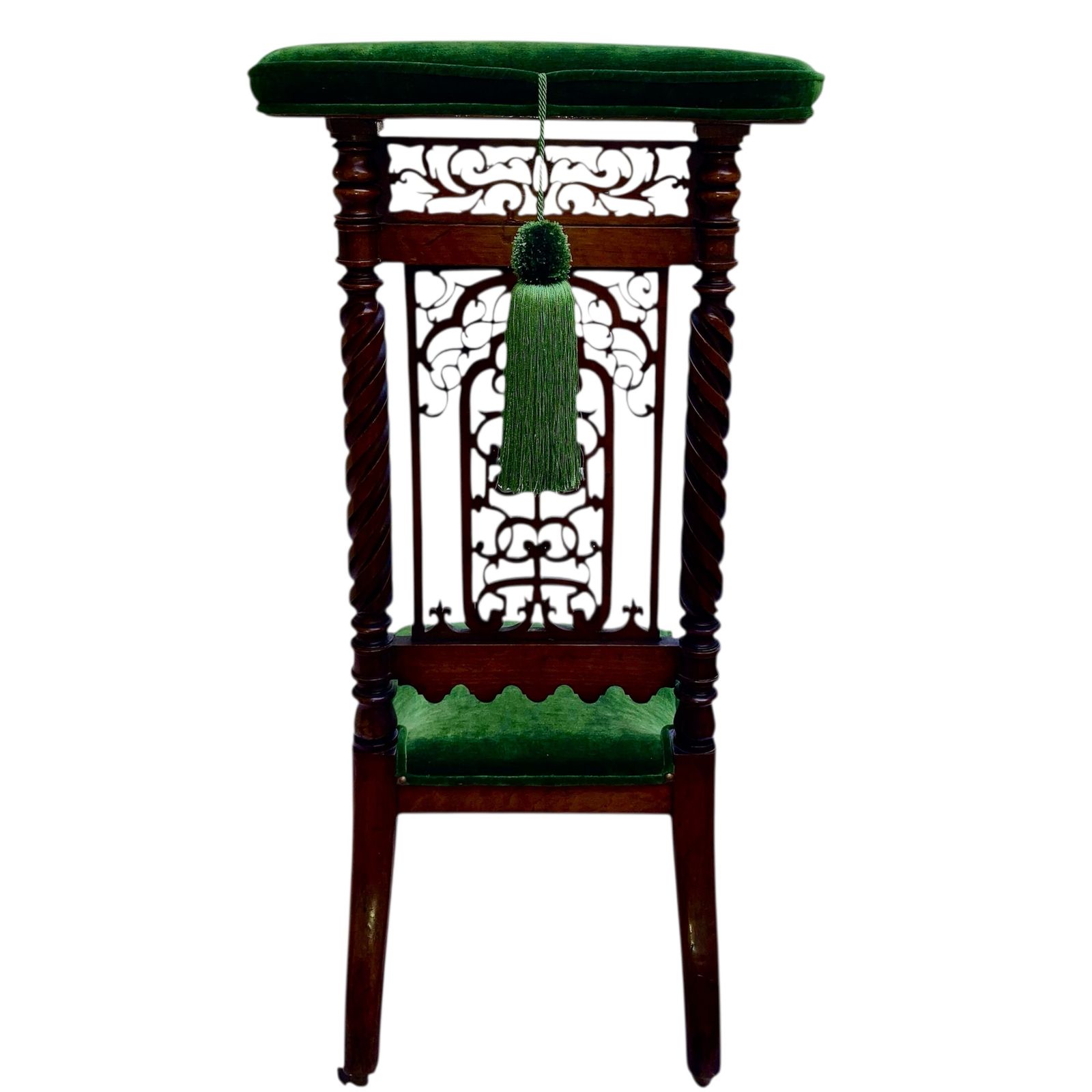 Victorian Walnut Prie Dieu Chair, Circa 1870, With Green Velvet Upholstery And Silk Green Tassels Fully Restored photo for sale