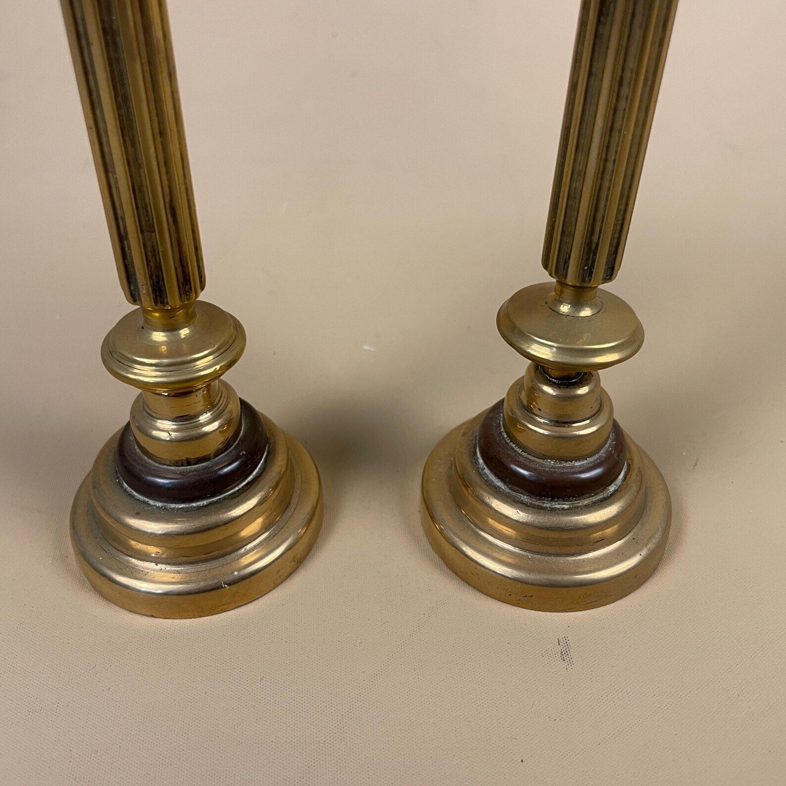 Antique Matching Pair Of Gold Brass Metal Candlestick Candle Stick Holders Vintage Column Taper Dinner Candlesticks Column Pillar Set Holder photo Home Decor