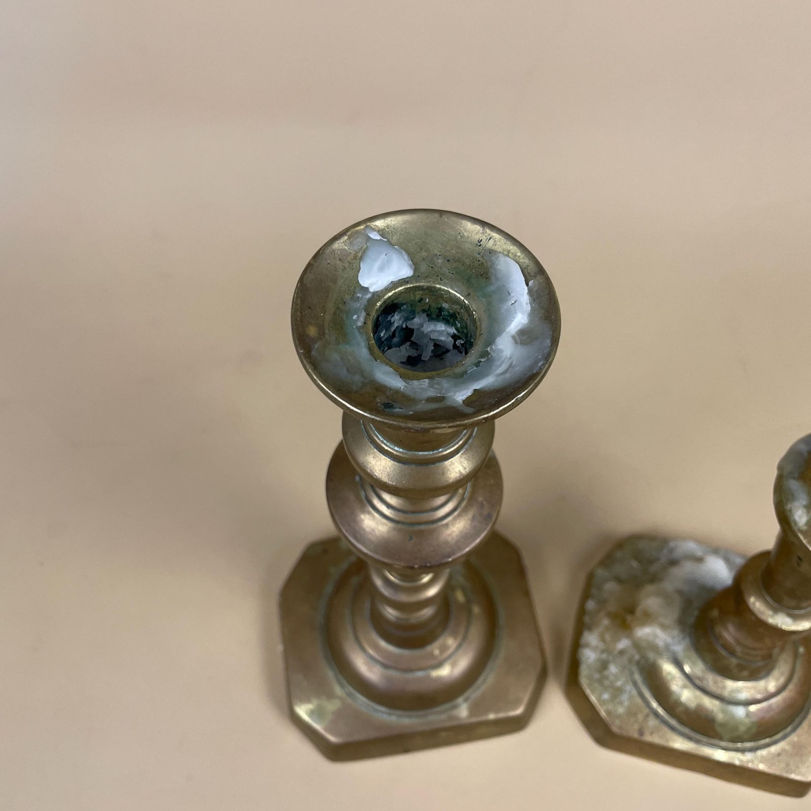 Antique Matching Pair Of Gold Brass Metal Candlestick Candle Stick Holders Vintage Column Taper Dinner Candlesticks Column Pillar Set Holder photo 50.0