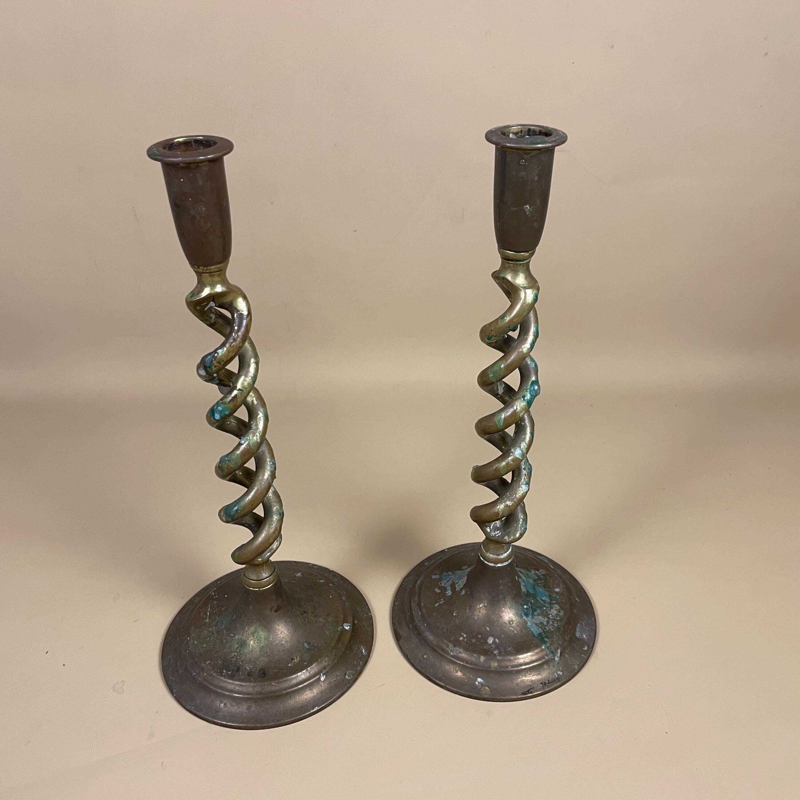 Antique Matching Pair Of Gold Brass Metal Candlestick Candle Stick Vintage Column Taper Dinner Candlesticks Twisted Twist Round Base Holders photo vintage