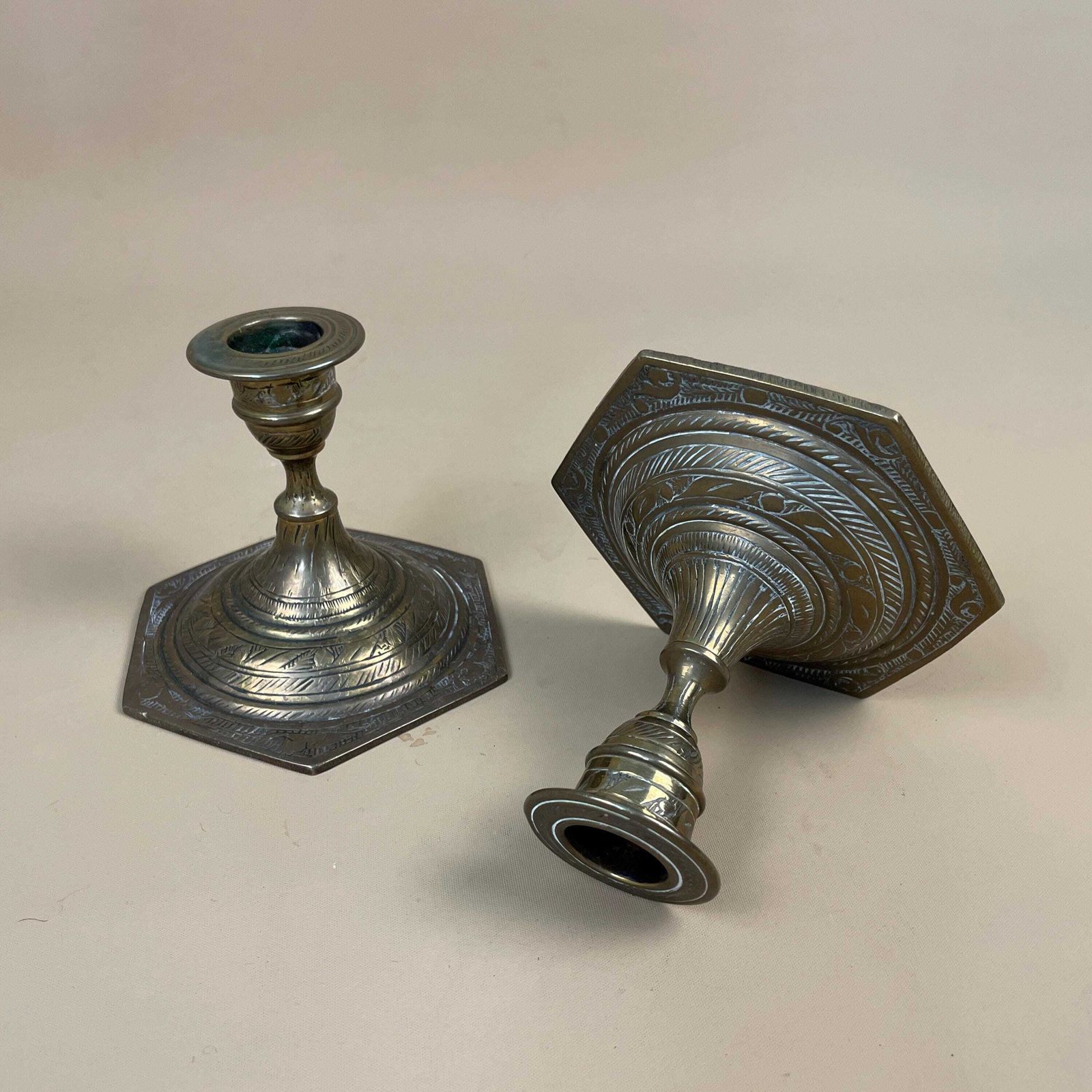 Antique Indian Matching Pair Of Gold Brass Metal Candlestick Candle Stick Vintage Hexagon Taper Dinner Candlesticks Column Low Engraved photo furniture