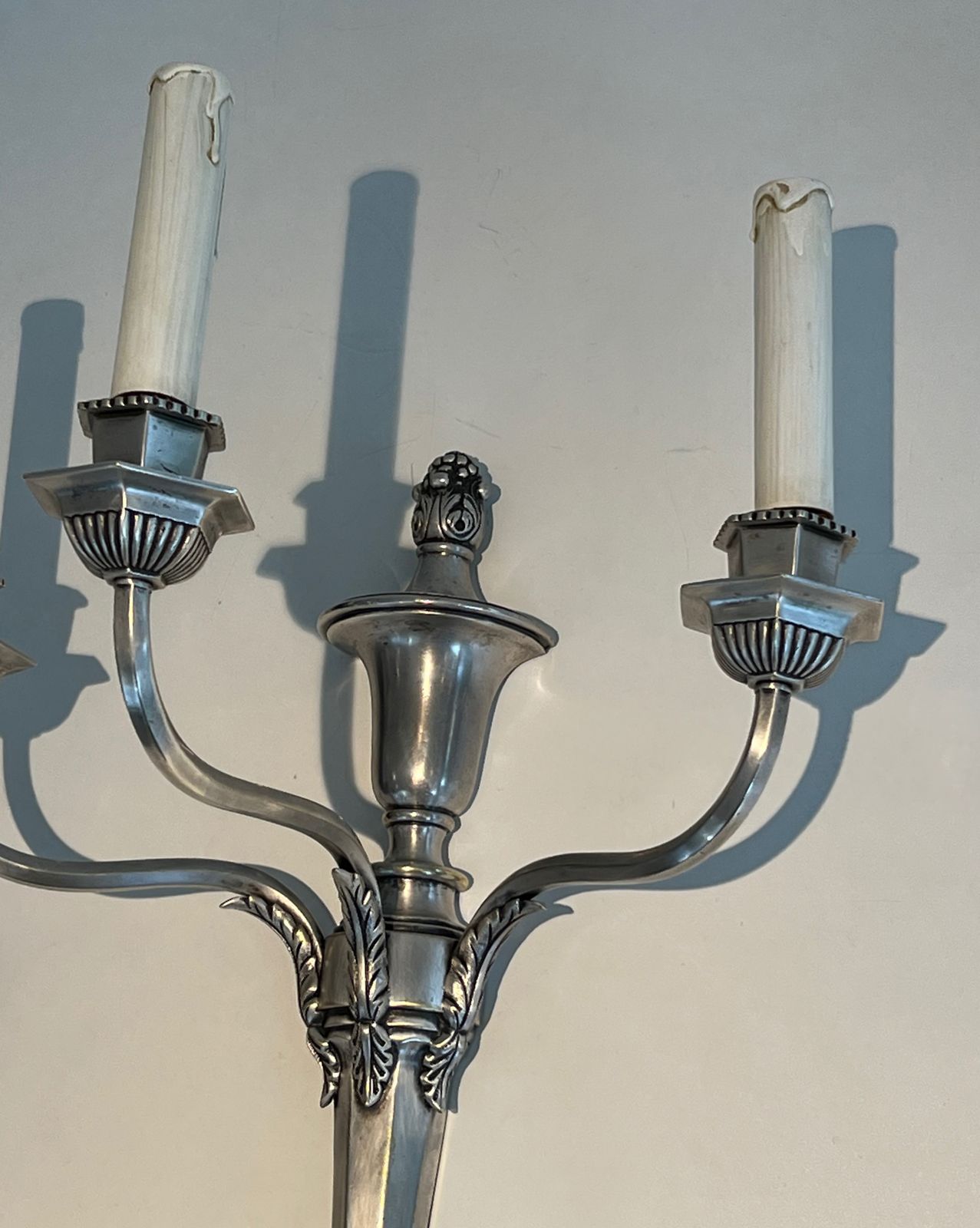 Pair Of Large Louis XVI Style Wall Lights In Silver Metal With 3 Light Arms photo vinterior