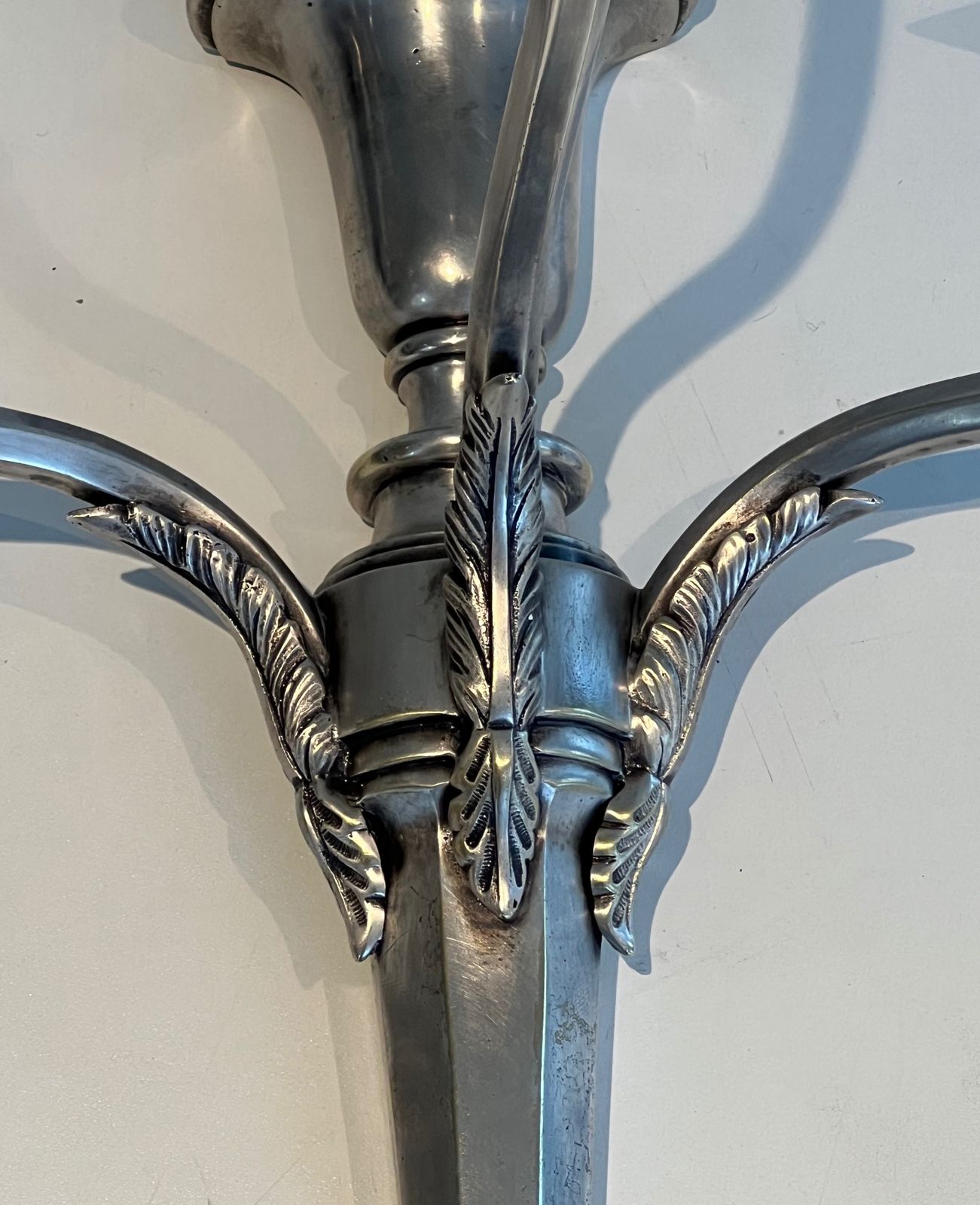 photo for sale Pair Of Large Louis XVI Style Wall Lights In Silver Metal With 3 Light Arms