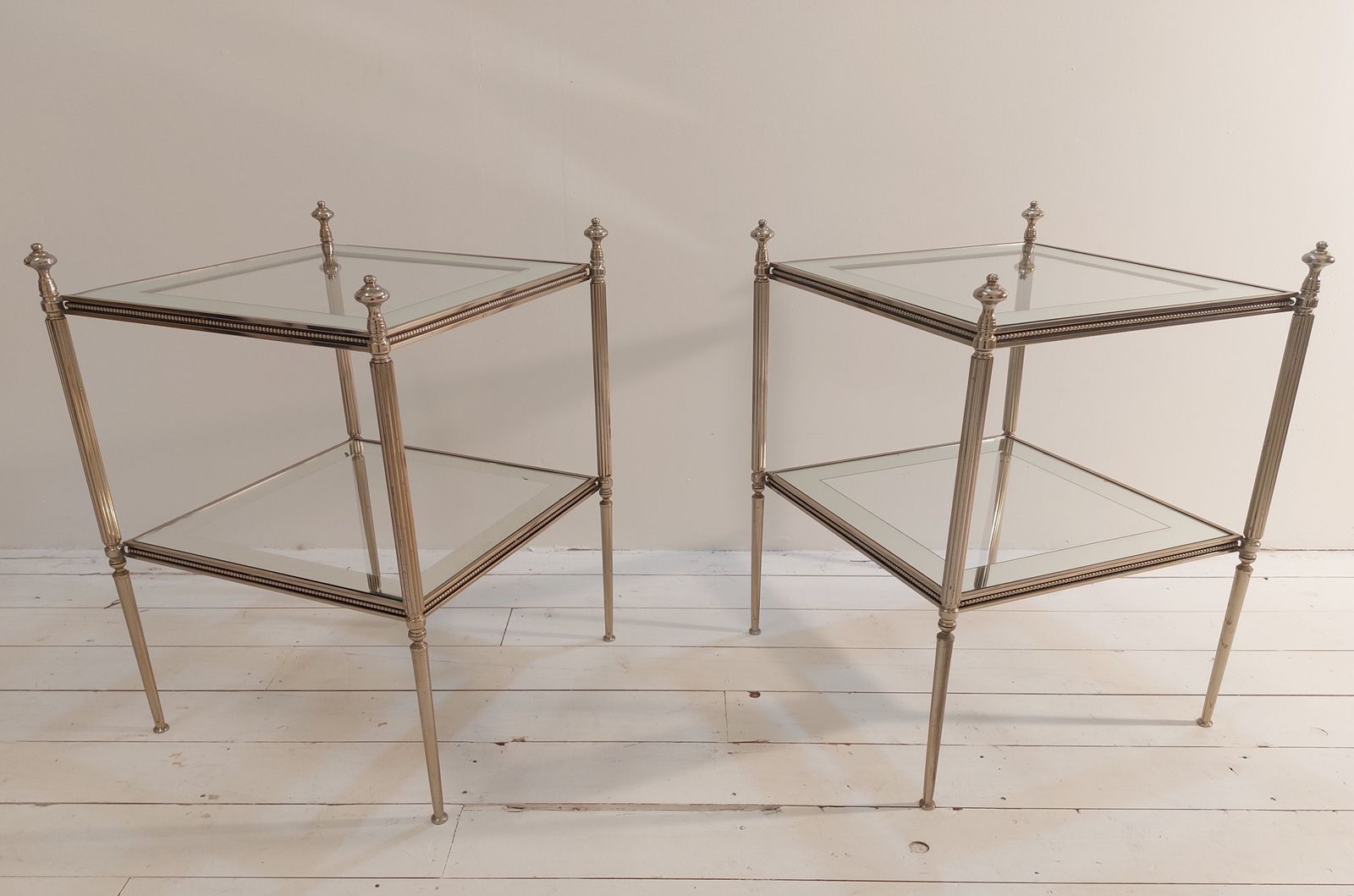 Pair Of Silvered Brass And Mirrored Side Tables By Maison Jansen, C1970