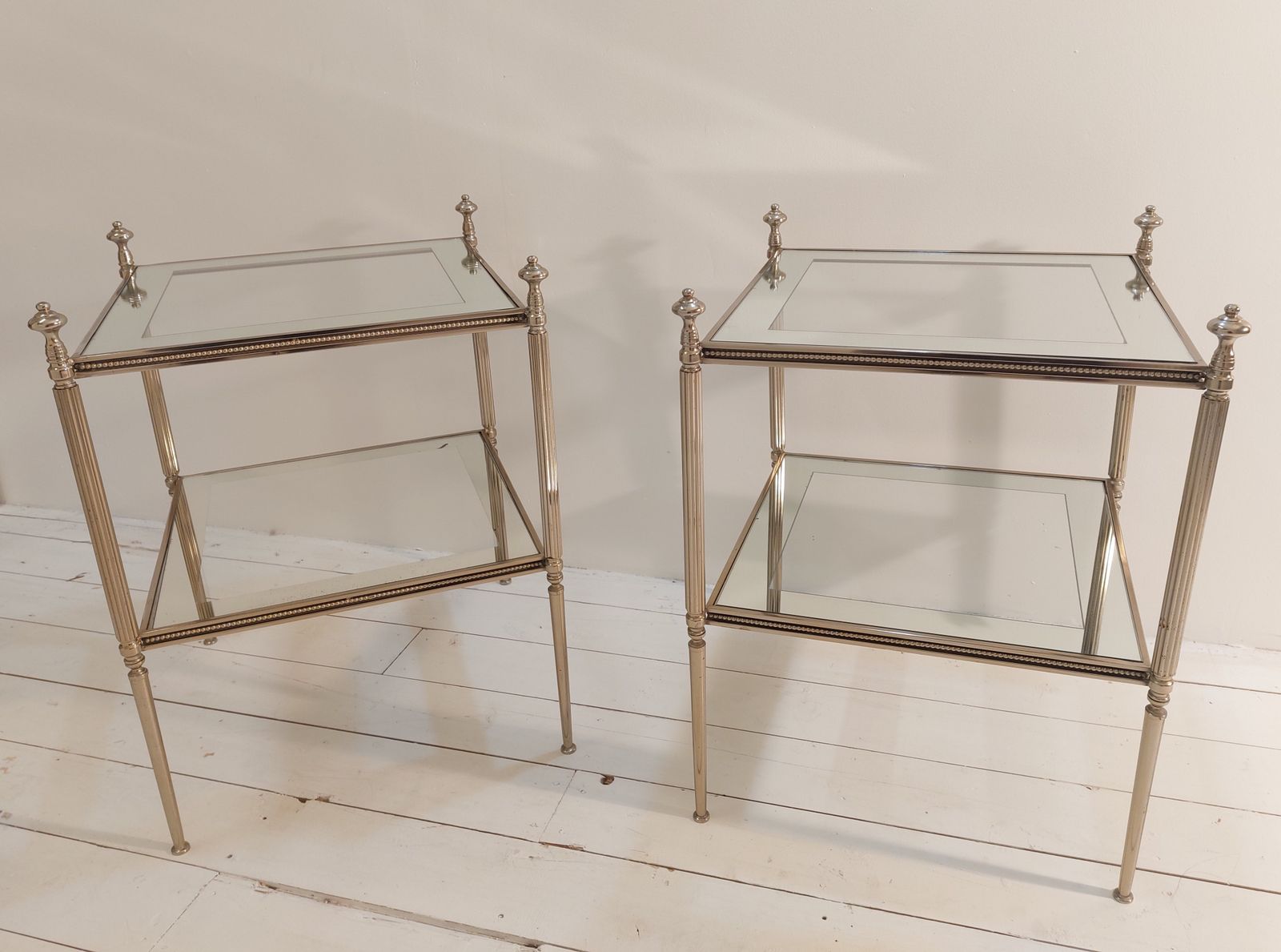 Pair Of Silvered Brass And Mirrored Side Tables By Maison Jansen, C1970 photo for sale