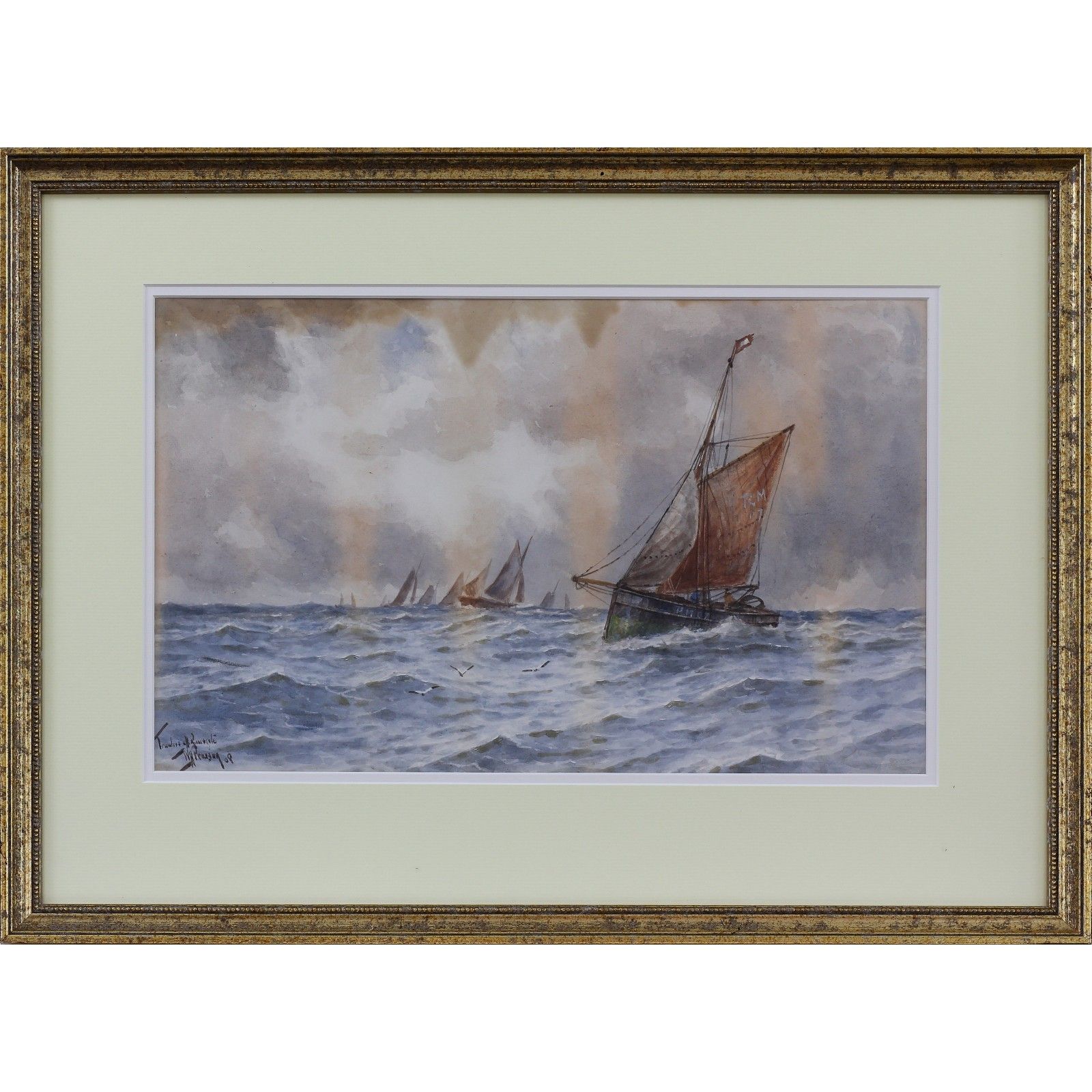Watercolour By William Henry Pearson. Titled "Trawlers Off Ramsgate"