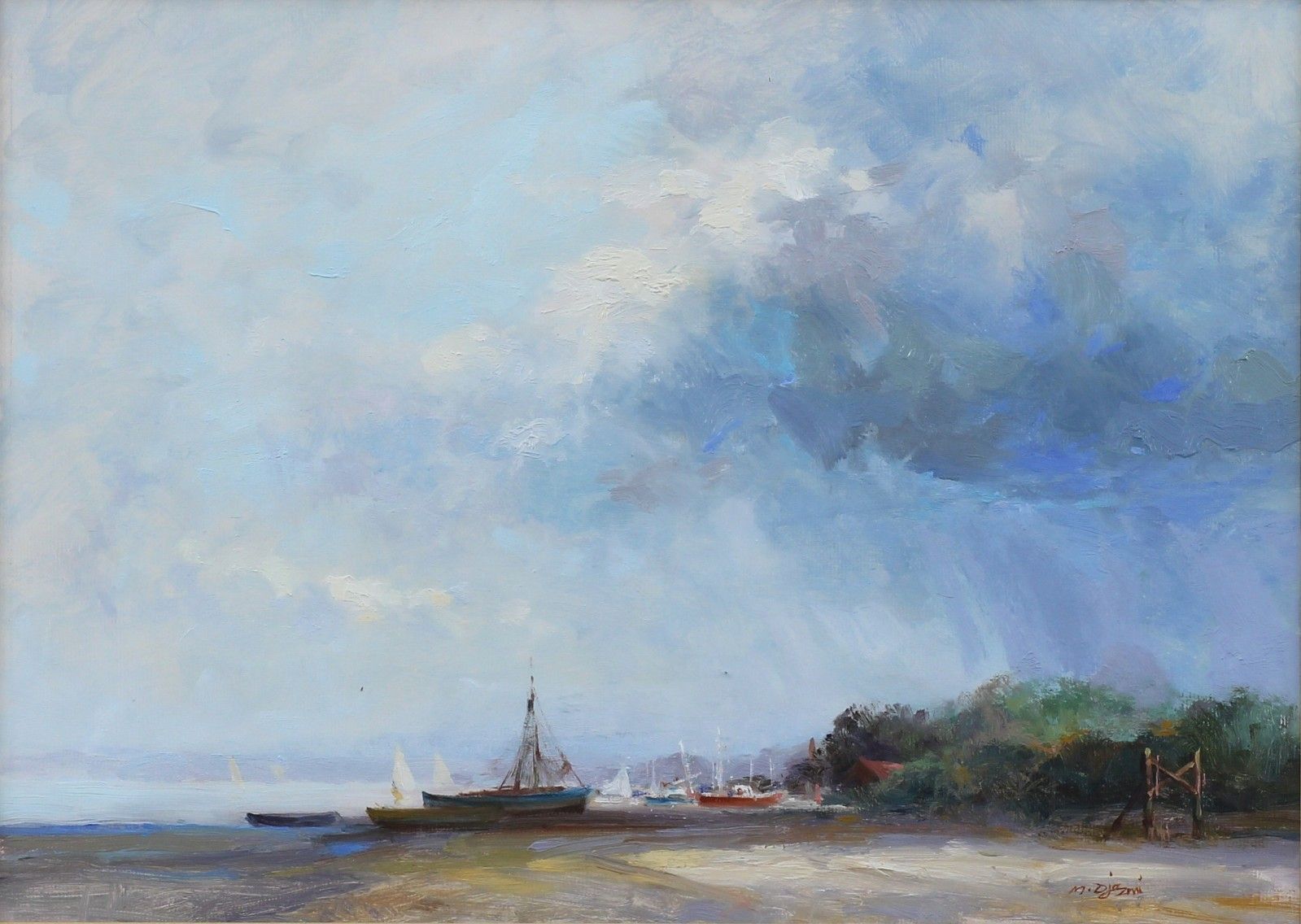 Oil On Board Behind Glass By Mohammed Djazmi. Beached Fishing Boats. photo furniture