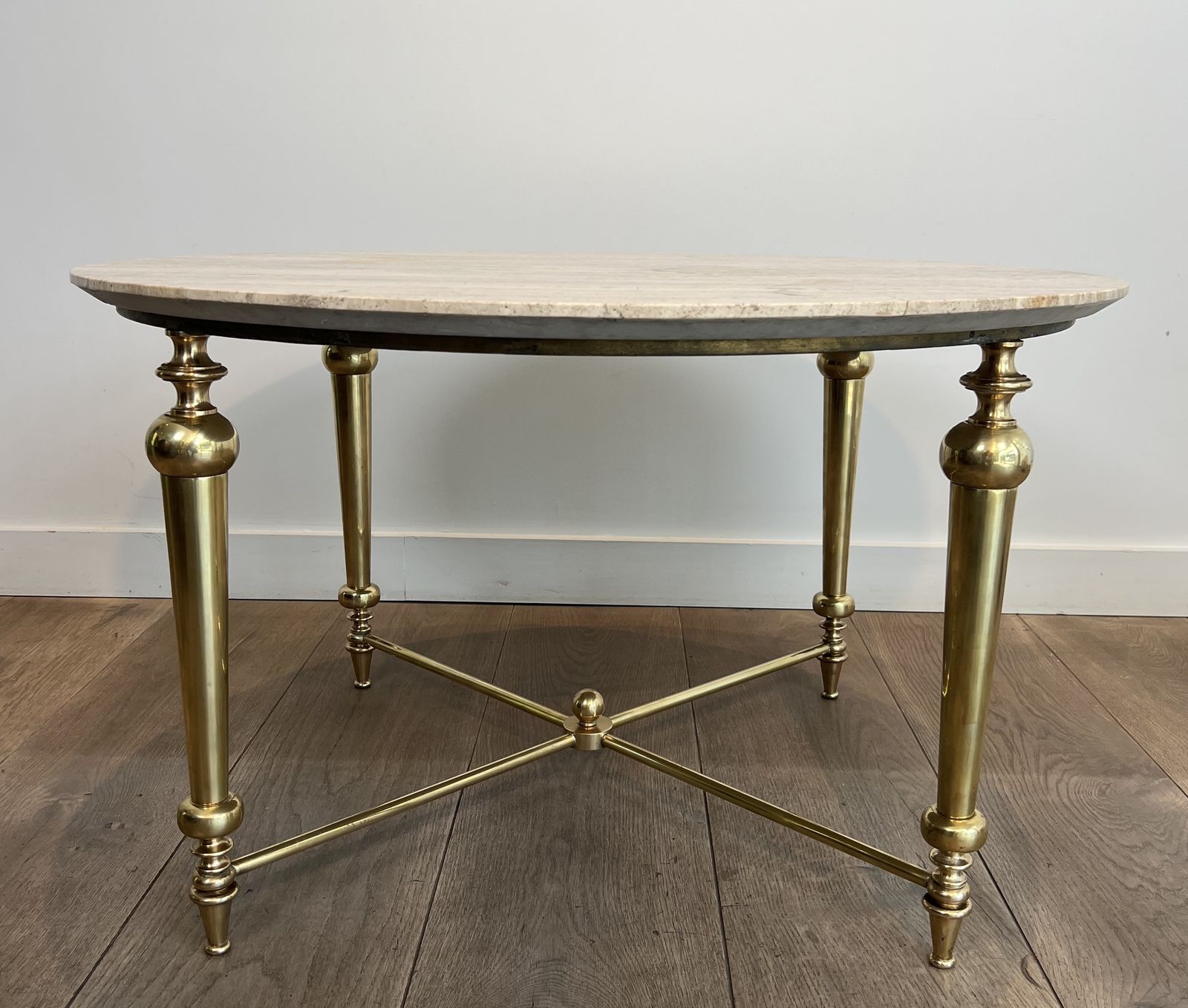 Brass Coffee Table With White Marble Top In The Style Of Maison Ramsay photo for sale