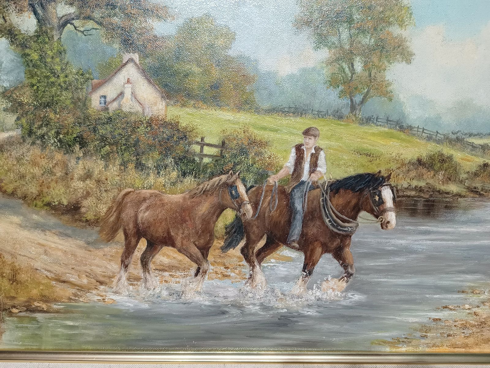 Large Impressive Oil Painting On Canvas,Working Horses Coming Home Artist Signed. photo Art