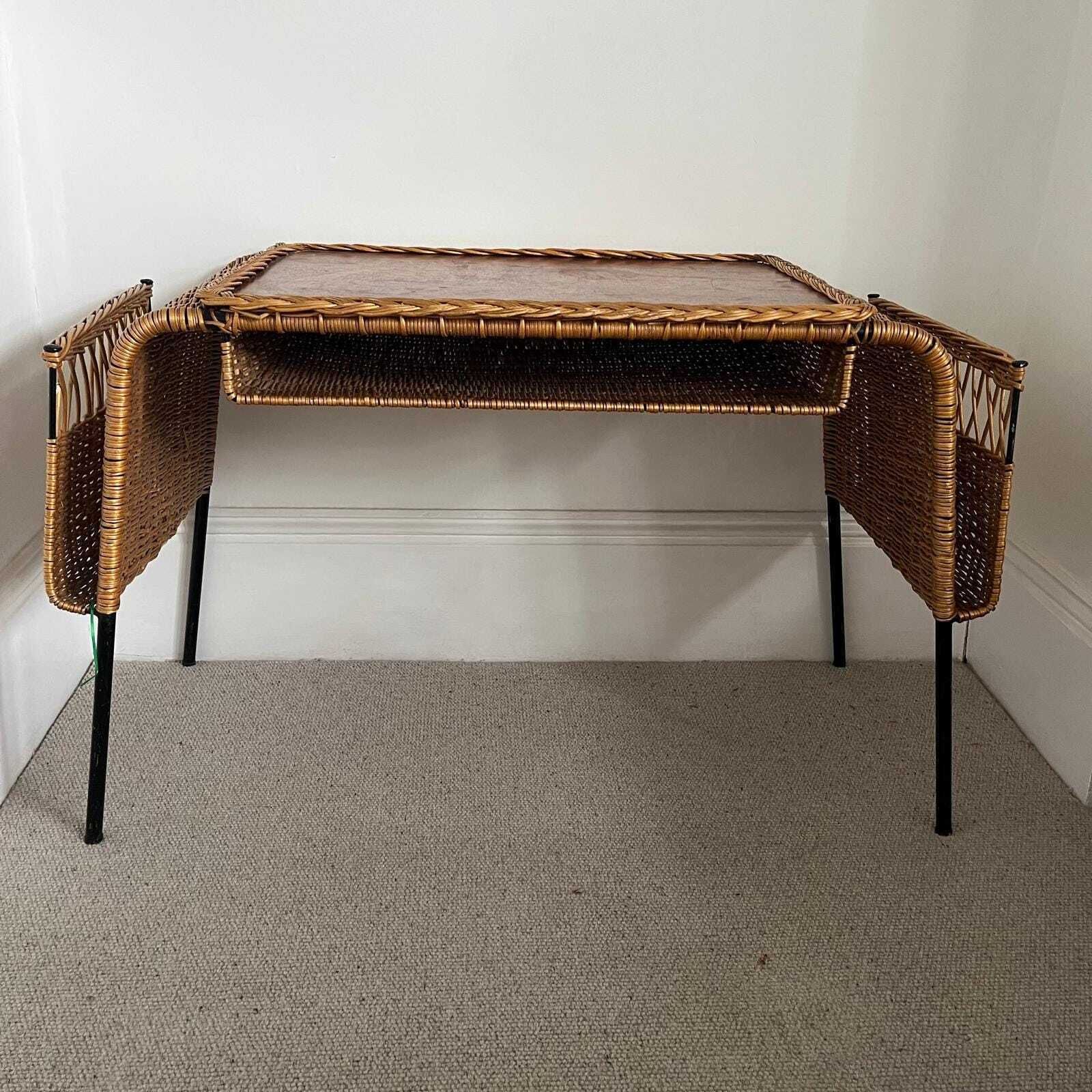 French Vintage Cane And Black Wrought Iron Desk With 2 Storage Baskets