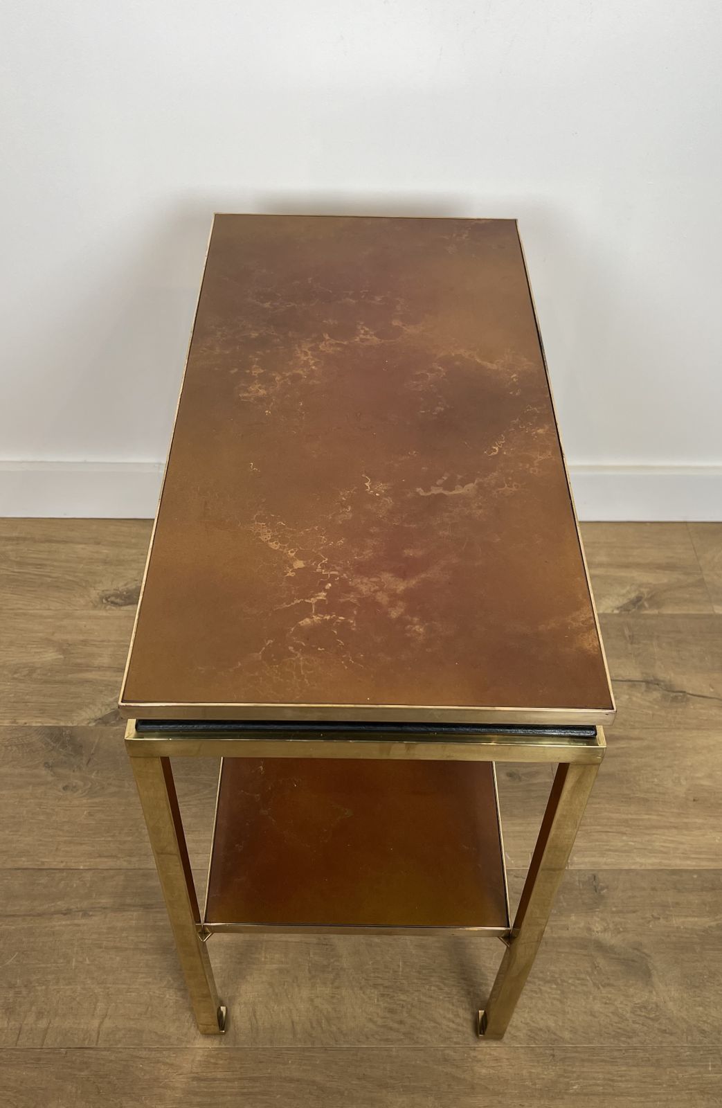 photo vinterior Brass, Black Lacquered Metal And Amber Celluloid Top Side Table By Guy Lefèvre For Maison Jansen