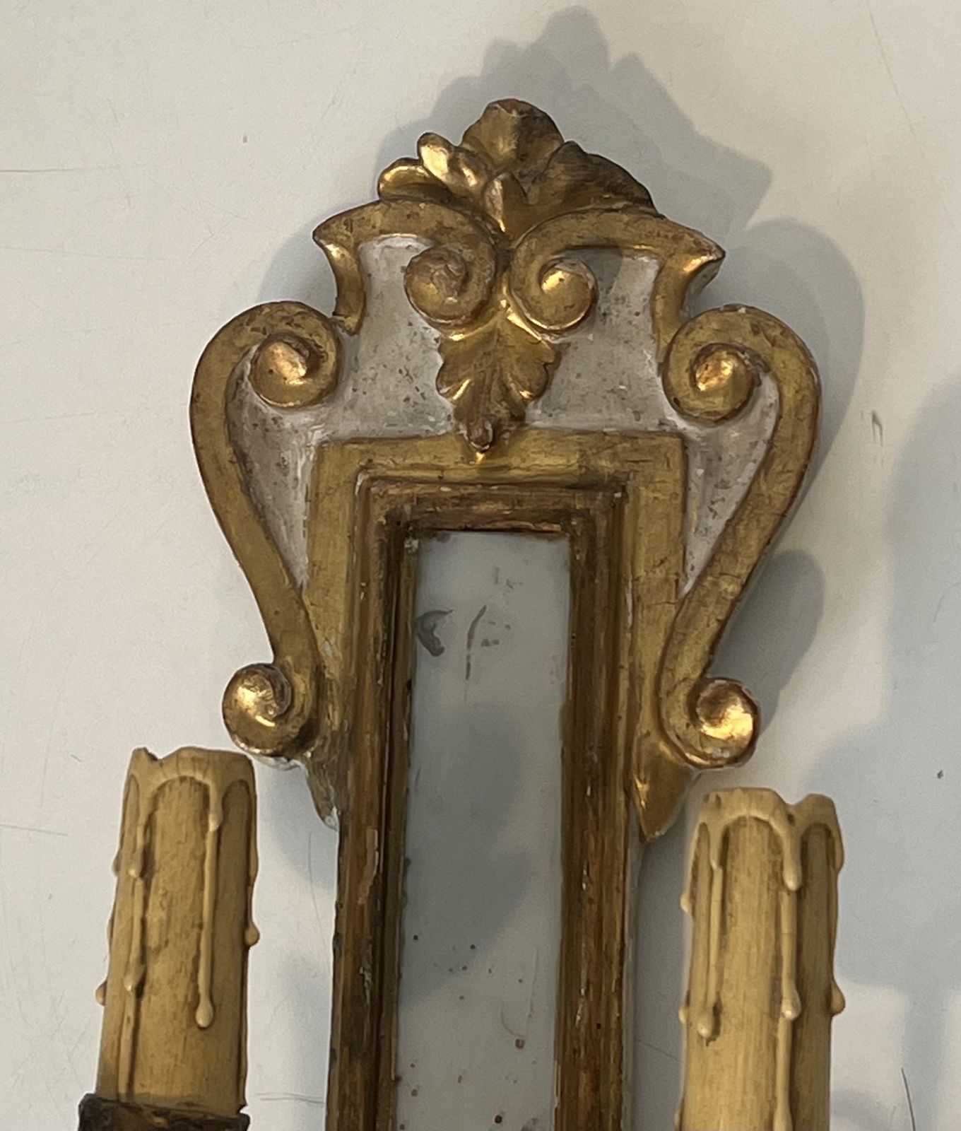 Pair Of Wall Lights In Carved Wood And Silver And Gold Patinated Metal With A Mirror In The Center photo vintage