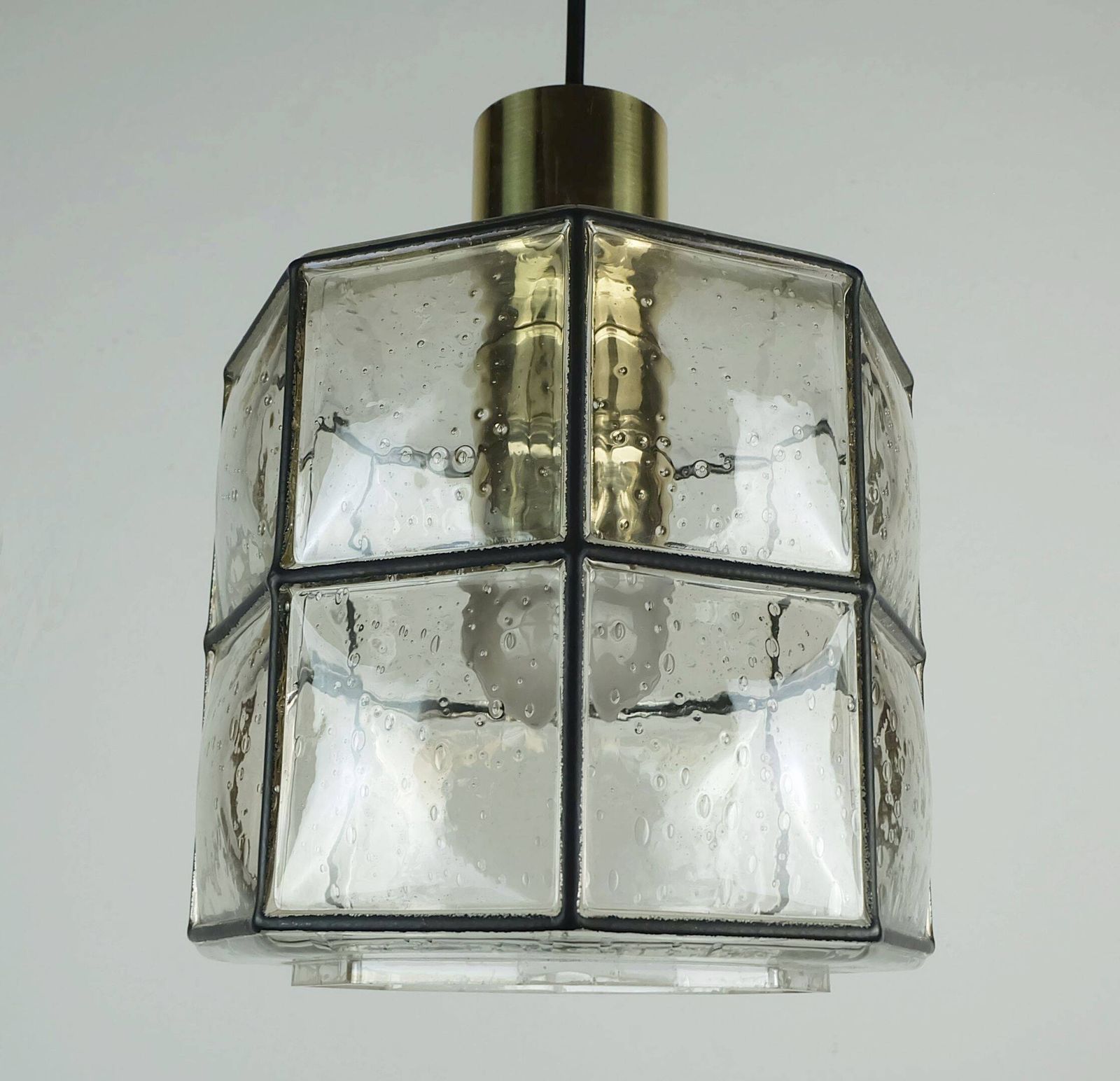 1960s 70s Glashuette Limburg Pendant Lamp Clear Glass Shade And Brass photo Lighting
