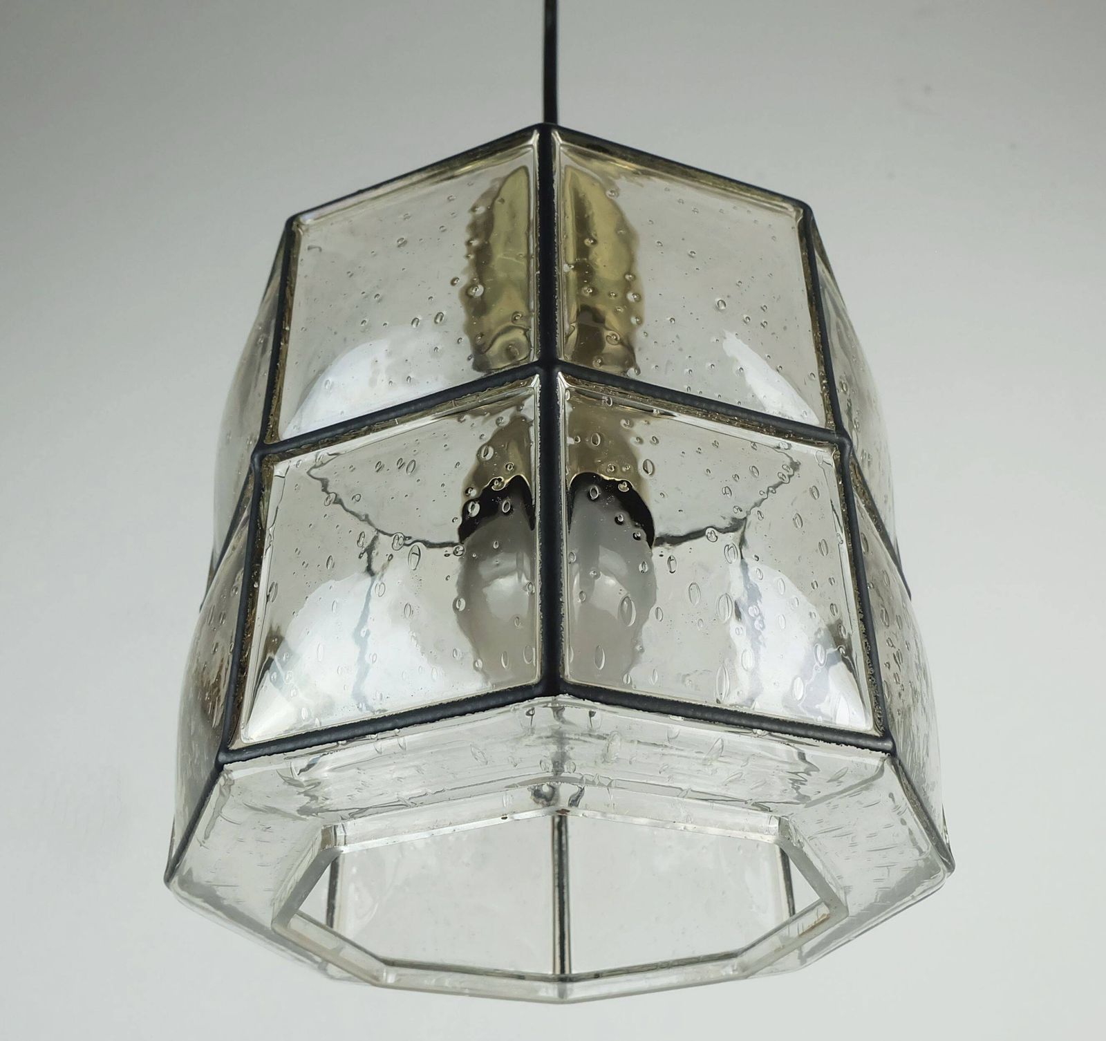1960s 70s Glashuette Limburg Pendant Lamp Clear Glass Shade And Brass photo vintage