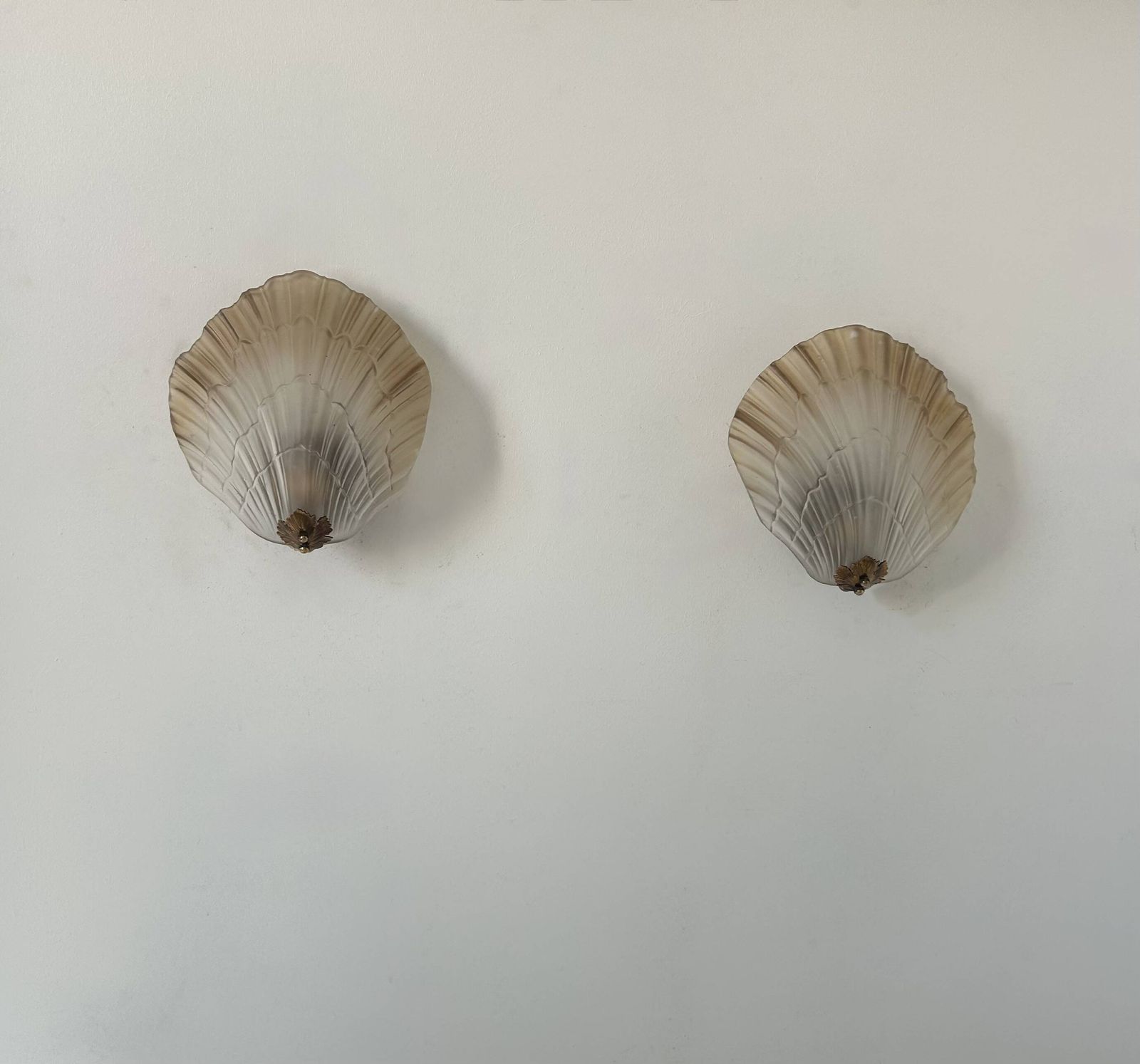 Pair Of Shell Wall Lights, Glass And Brass, France 1960 photo furniture