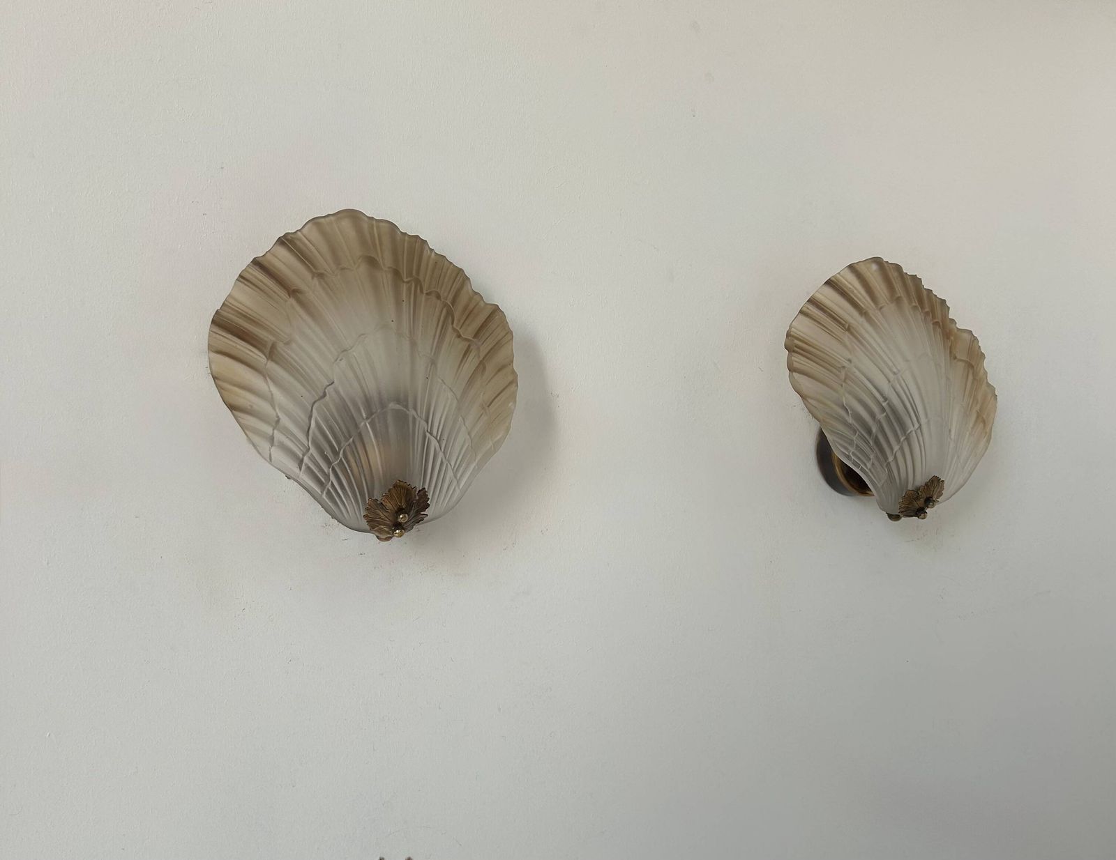 Pair Of Shell Wall Lights, Glass And Brass, France 1960 photo 381.0