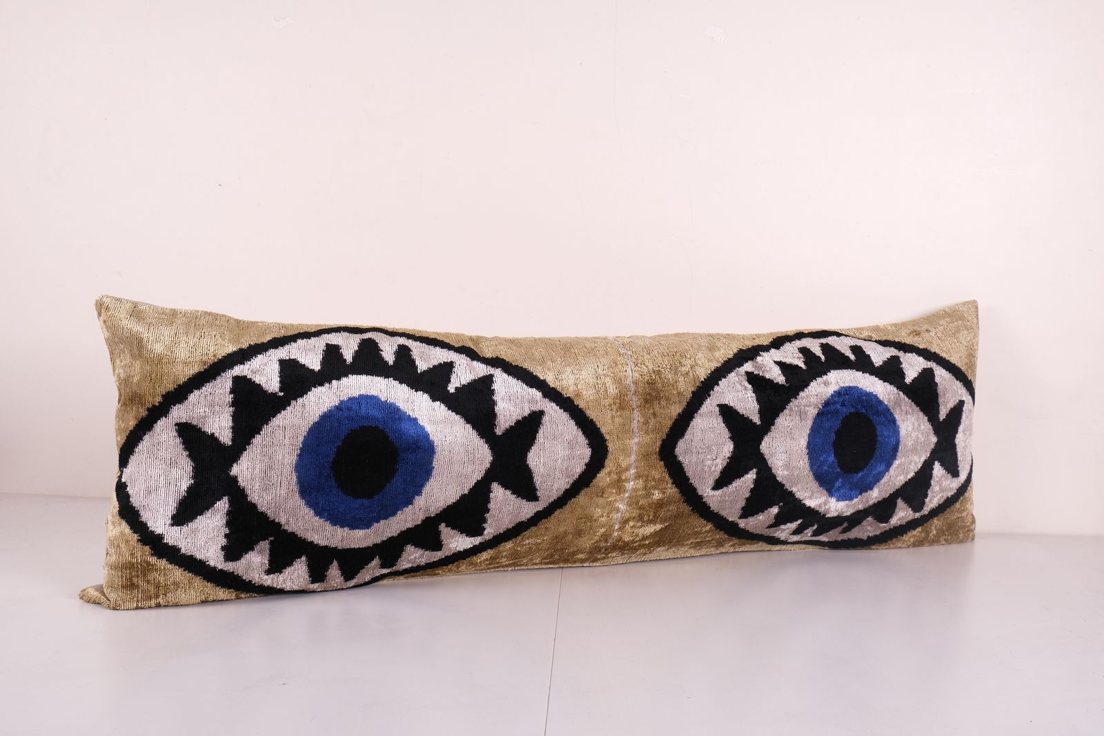 Gold Ikat Eye Velvet Pillow, Handwoven Silk Velvet Extra Long Lumbar Cushion Cover, Designer Bedding Pillow 16'' X 48'' photo Textiles