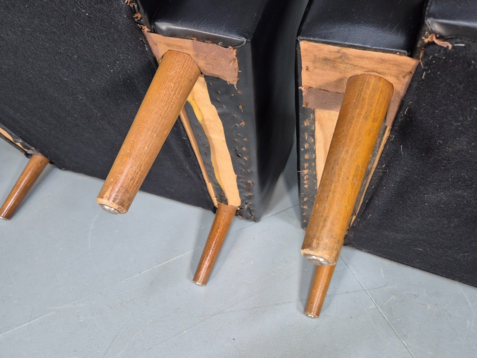 photo for sale 2 Vintage Danish Lounge Chairs Cream Black Vinyl And Teak 1960s Mcm Eb10228 Mnor