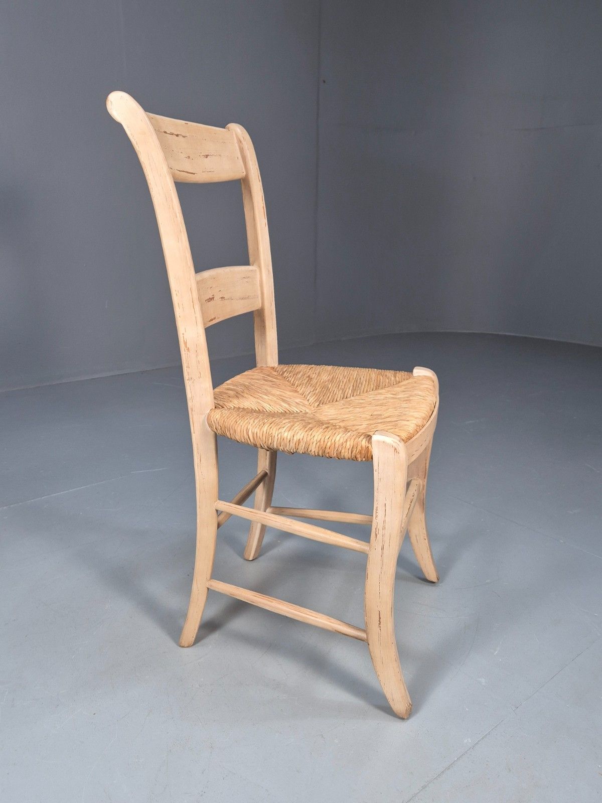 Vintage Country Dining Chair Rush Seat Distressed Cream Paint Eb10184 Vdin photo Furniture