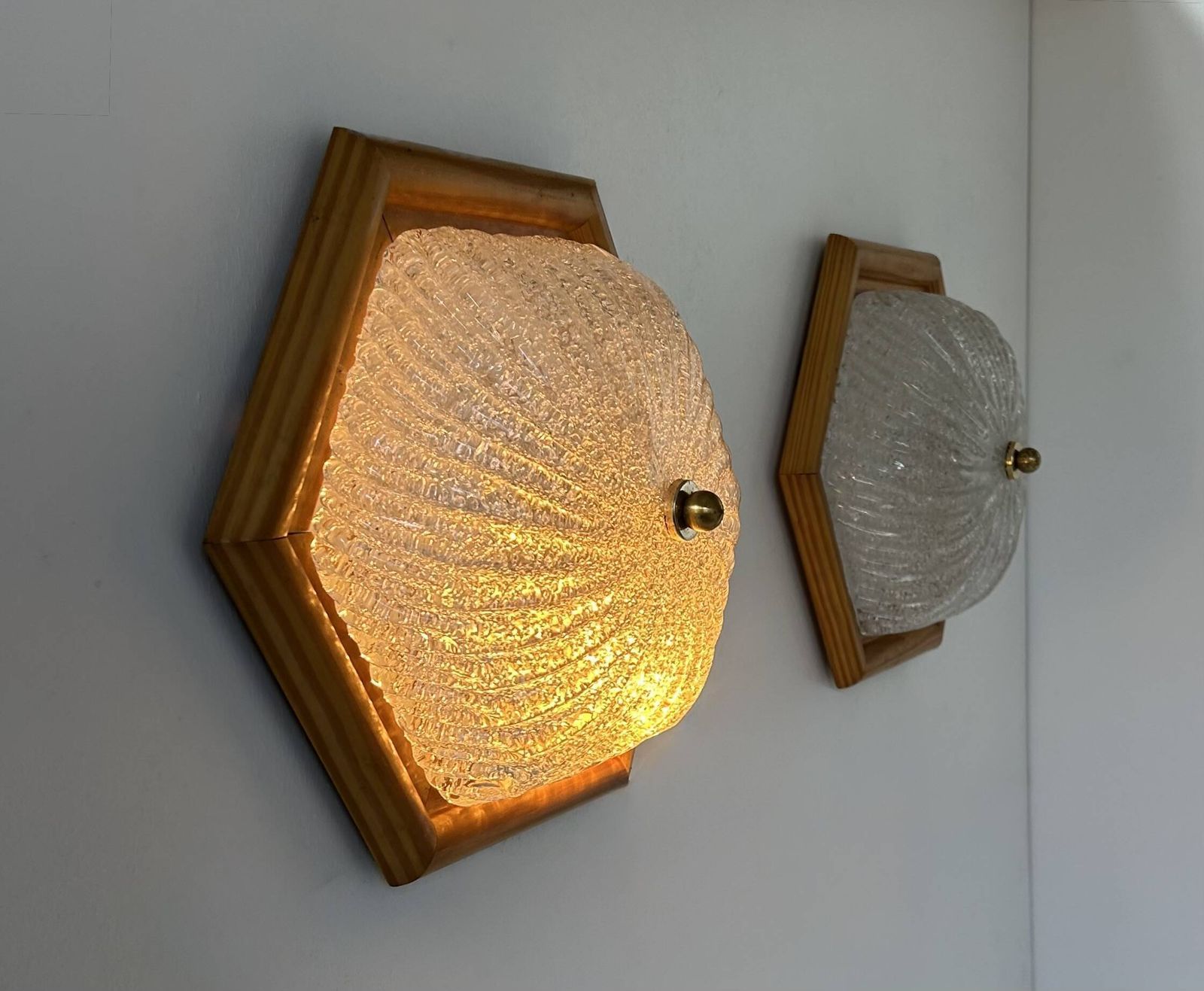 Pair Of Vintage Wall Lights, Pine And Murano Glass, Italy 1980 photo Lighting