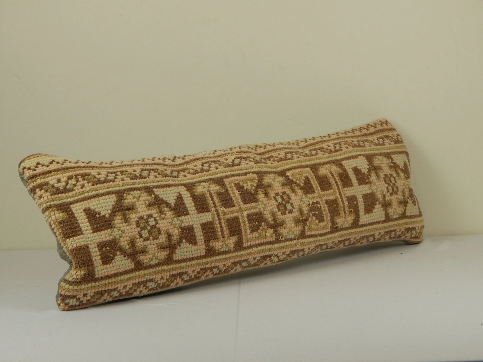 Extra Long Turkish Lumbar Rug Pillow, Faded Beige Copper Turkish Bedding Rug Pillow, Geometric Ethnic Anatolian Bench photo furniture