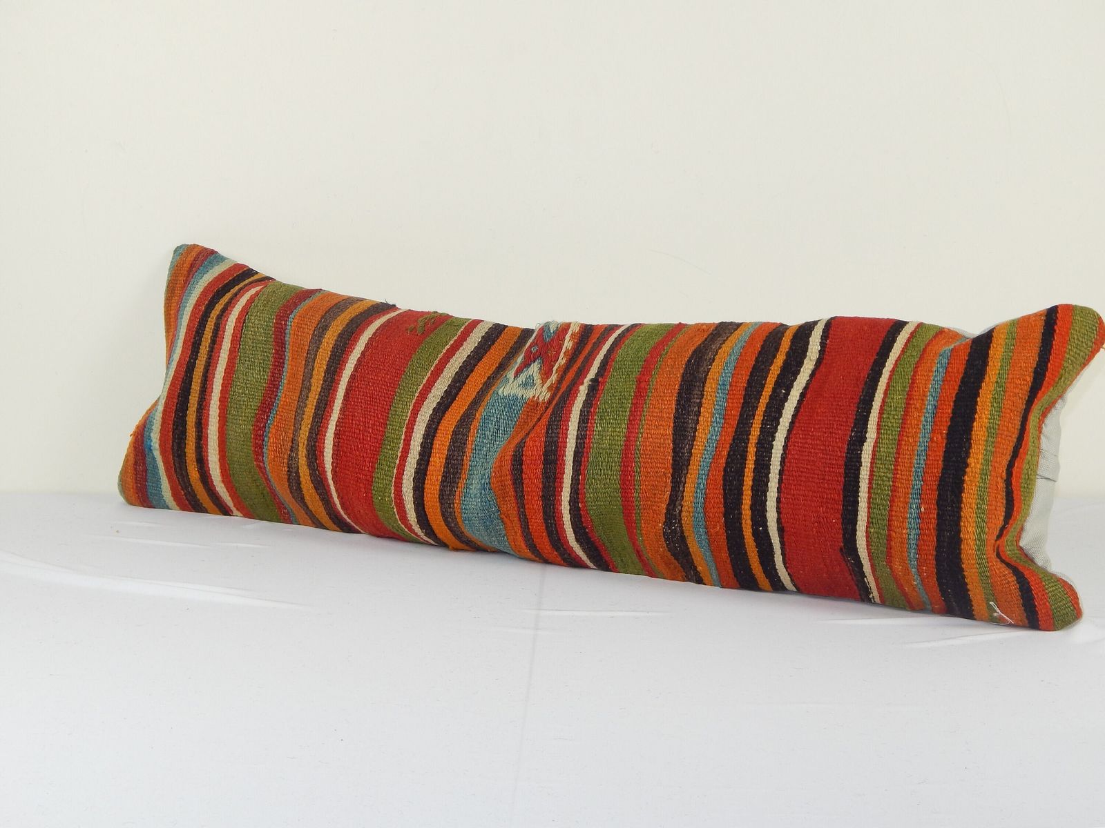 Ethnic Turkish Lumbar Striped Kilim Pillow, Anatolian Pastel Color Bedding Cushion Cover, Wool Bench Cushion Cover