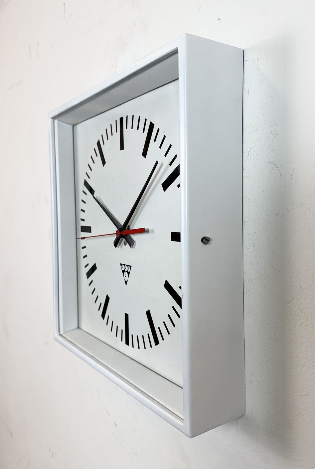 White Industrial Square Wall Clock From Pragotron, 1970s photo for sale