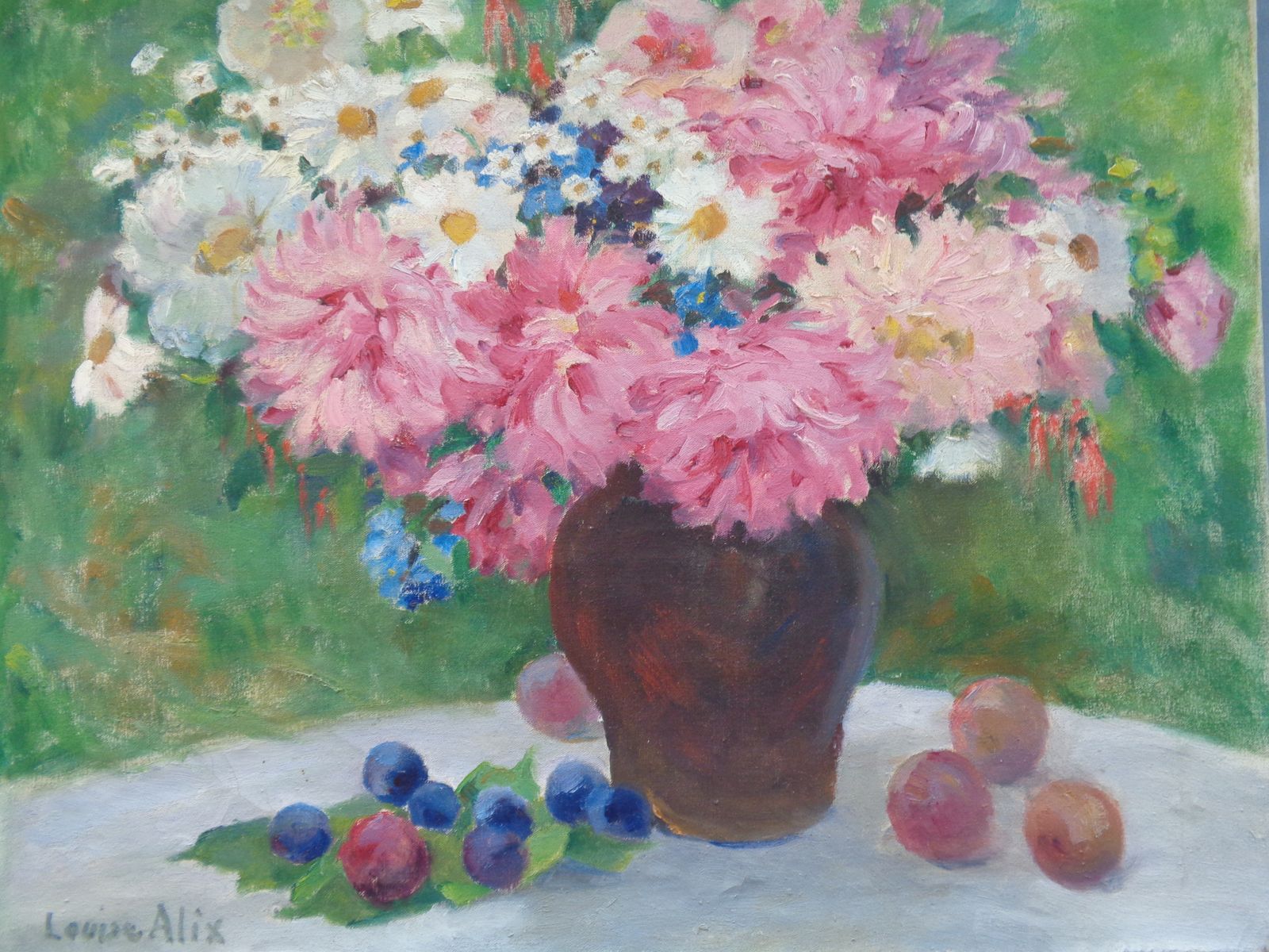 Louise Alix Still Life Flowers & Fruit French Oil On Canvas Unframed photo furniture