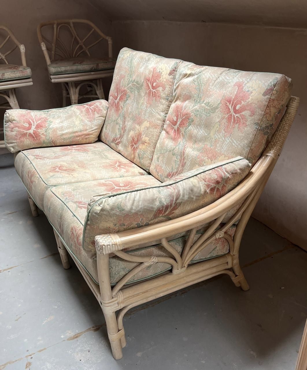 Upholstered 2 Seat Sofa   Faux Bamboo / Rattan / Cane photo for sale