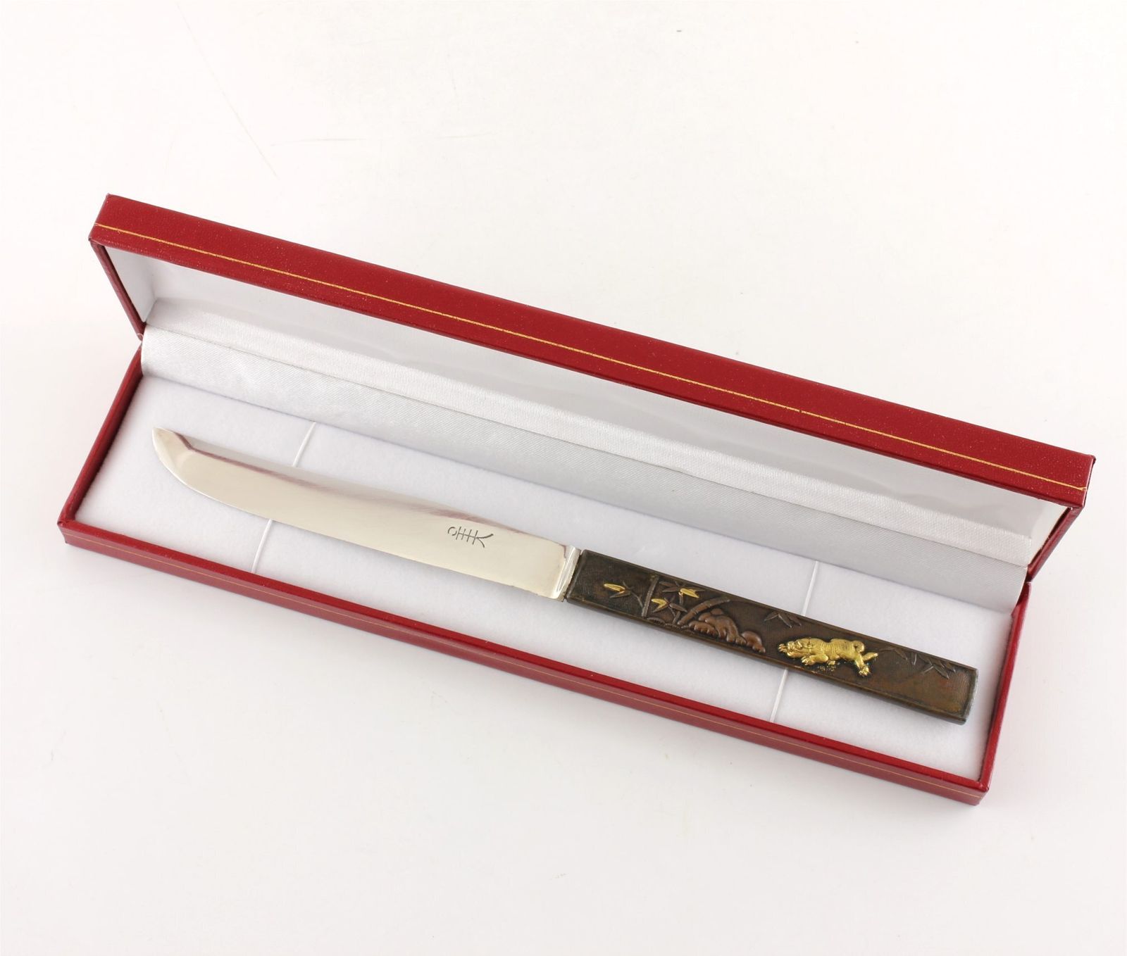 Japanese Bronze Kozuka Tiger Silver Letter Opener. Antique Meiji C1880. photo for sale