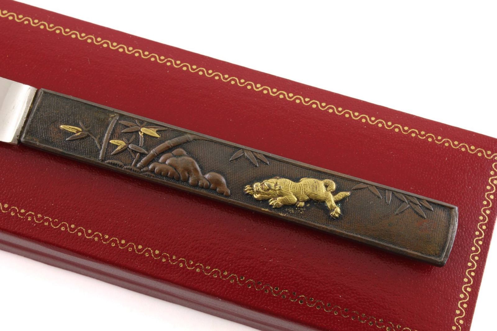 175.0 Japanese Bronze Kozuka Tiger Silver Letter Opener. Antique Meiji C1880. photo
