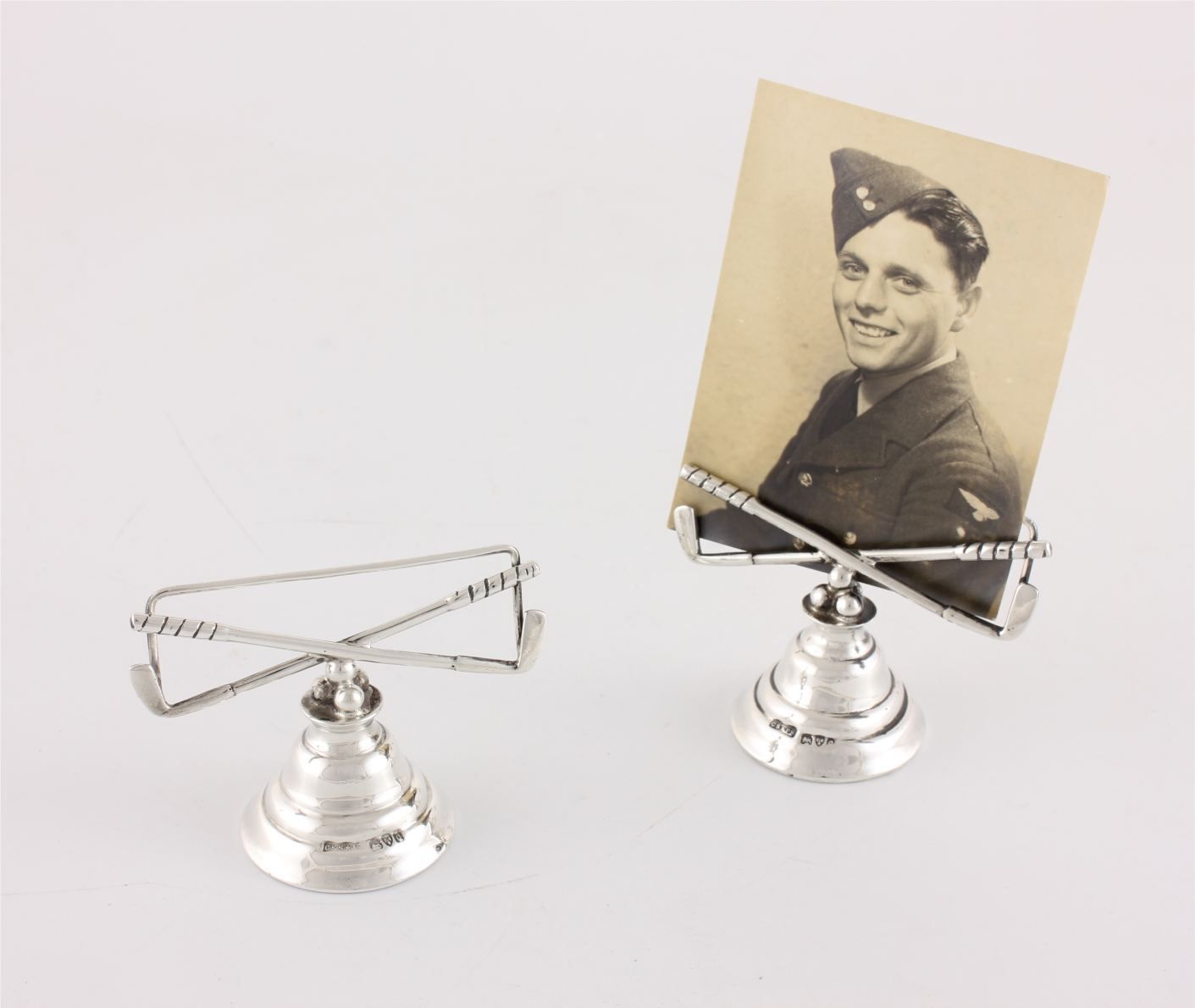 Two Silver Golf Menu Card Holders. Golf Club & Balls Photo Clips. 1903. photo for sale