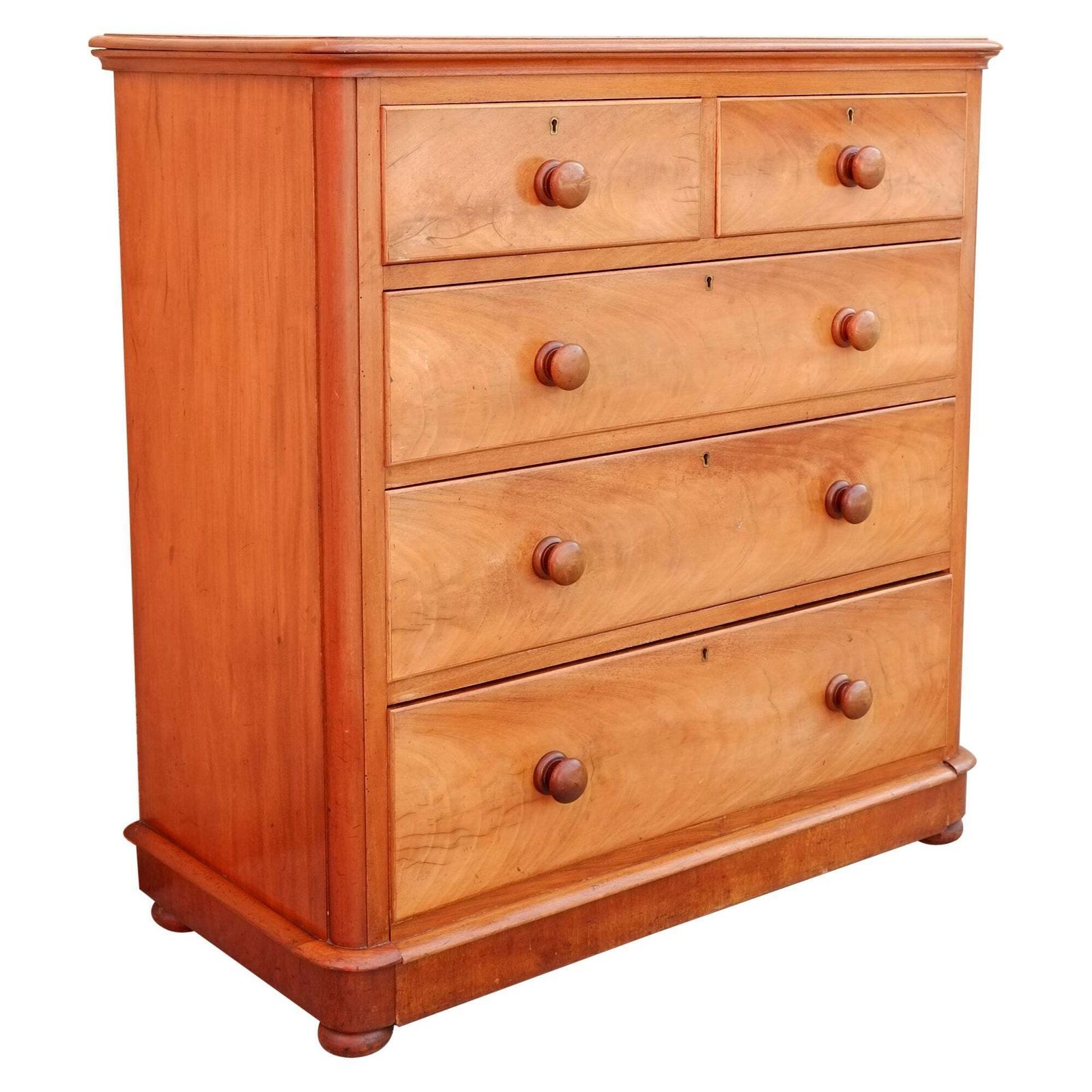 Antique English Satinwood Dresser / Chest Of Drawers With Bun Feet