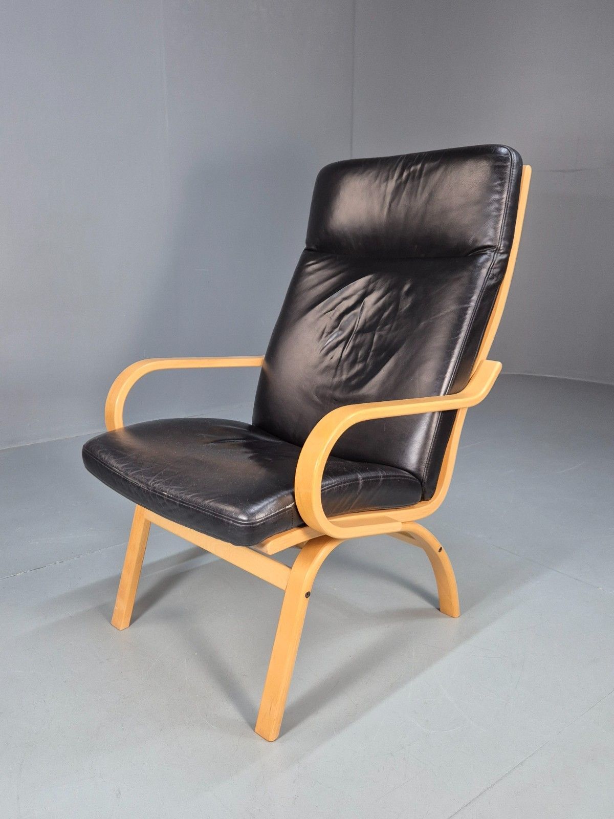 Danish Black Leather Bentwood Armchair Stouby Style Beech Frame  Eb10299 Mben