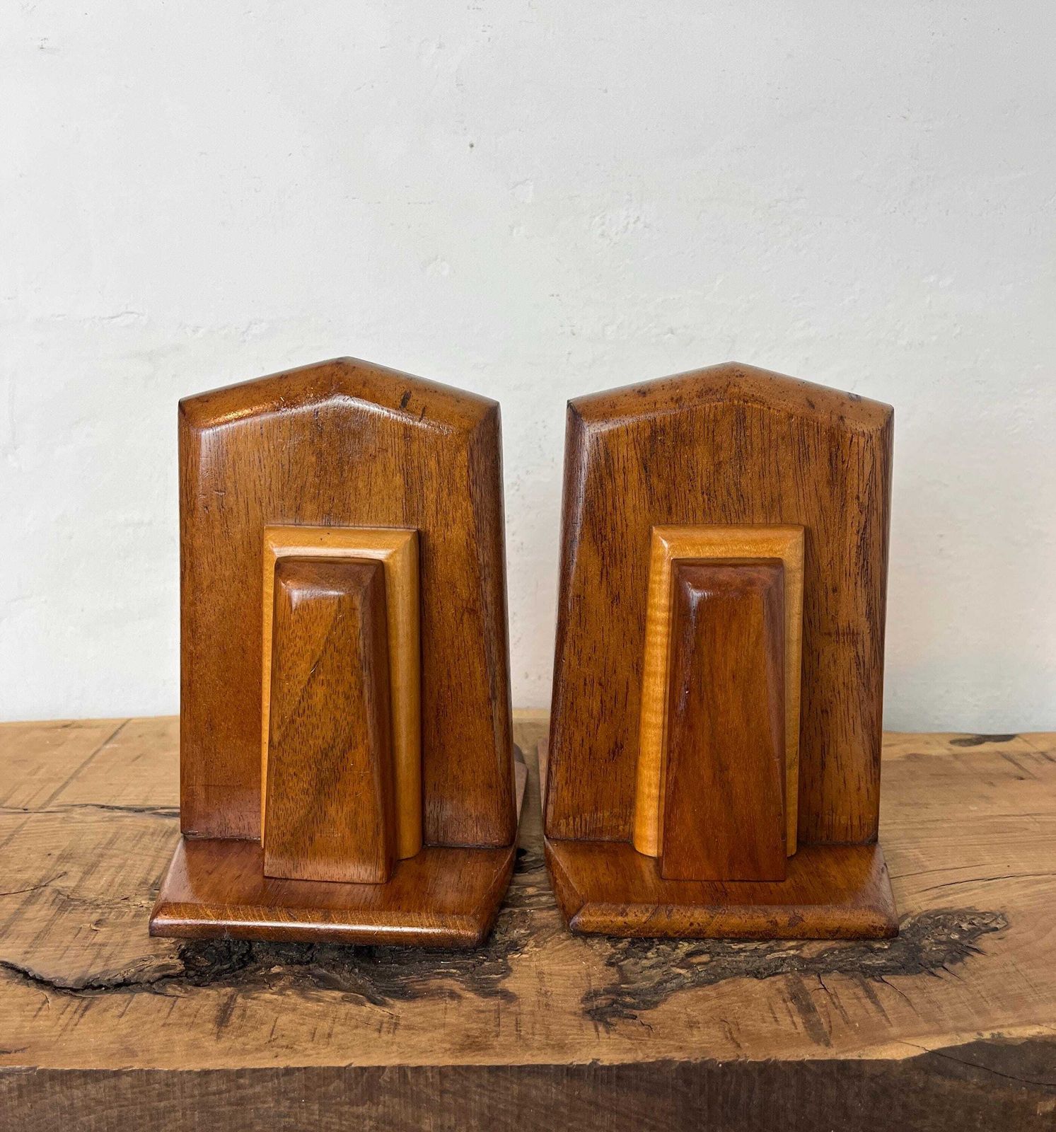 Mid Century Art Deco Wooden Bookends: Mahogany & Beech photo vintage
