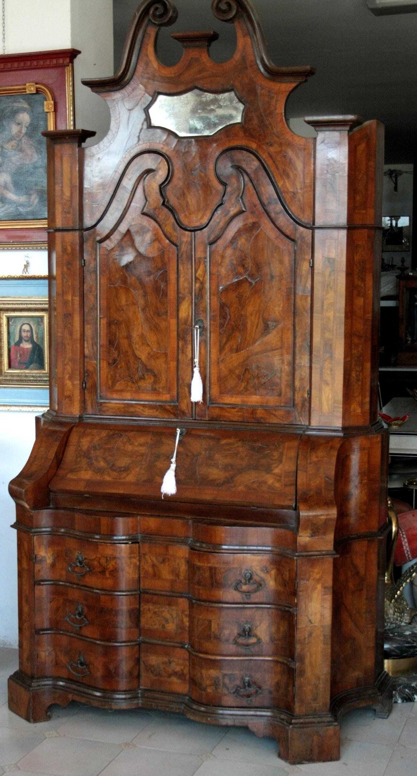 Antique Wall Unit Italian Walnut Burl, 19th Century Lombard Trumeau, Vintage Northern Italy Furniture, Cabinet With Drawers And Shelves photo furniture