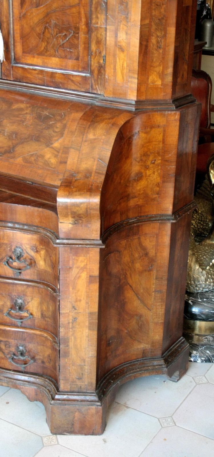 Antique Wall Unit Italian Walnut Burl, 19th Century Lombard Trumeau, Vintage Northern Italy Furniture, Cabinet With Drawers And Shelves photo 2499.0