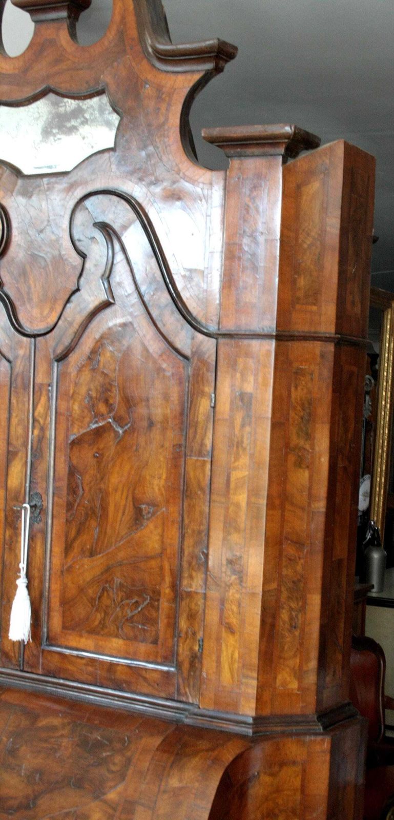 Antique Wall Unit Italian Walnut Burl, 19th Century Lombard Trumeau, Vintage Northern Italy Furniture, Cabinet With Drawers And Shelves photo vinterior