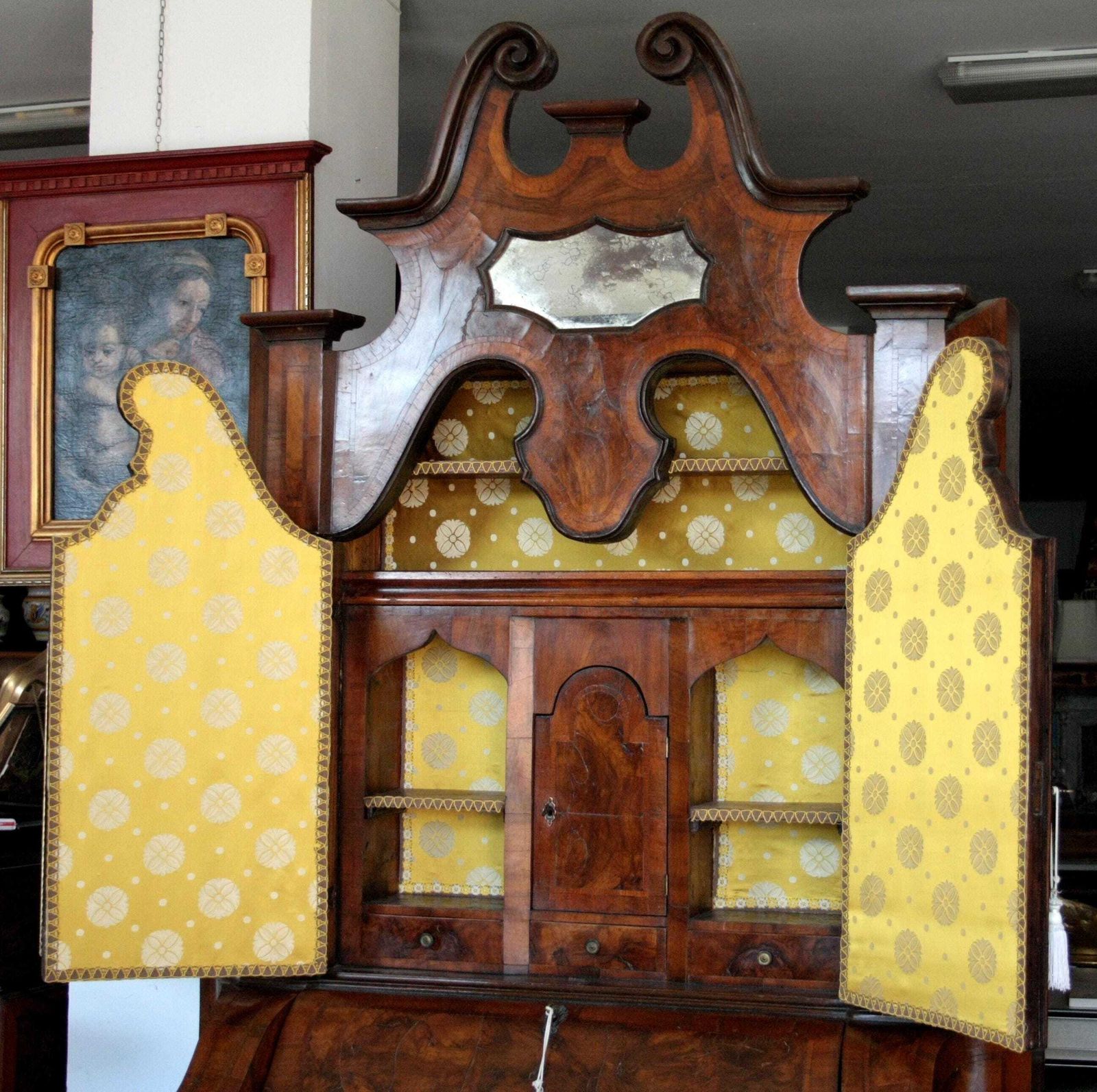 Antique Wall Unit Italian Walnut Burl, 19th Century Lombard Trumeau, Vintage Northern Italy Furniture, Cabinet With Drawers And Shelves photo vintage