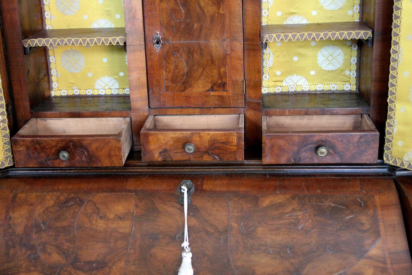photo furniture Antique Wall Unit Italian Walnut Burl, 19th Century Lombard Trumeau, Vintage Northern Italy Furniture, Cabinet With Drawers And Shelves