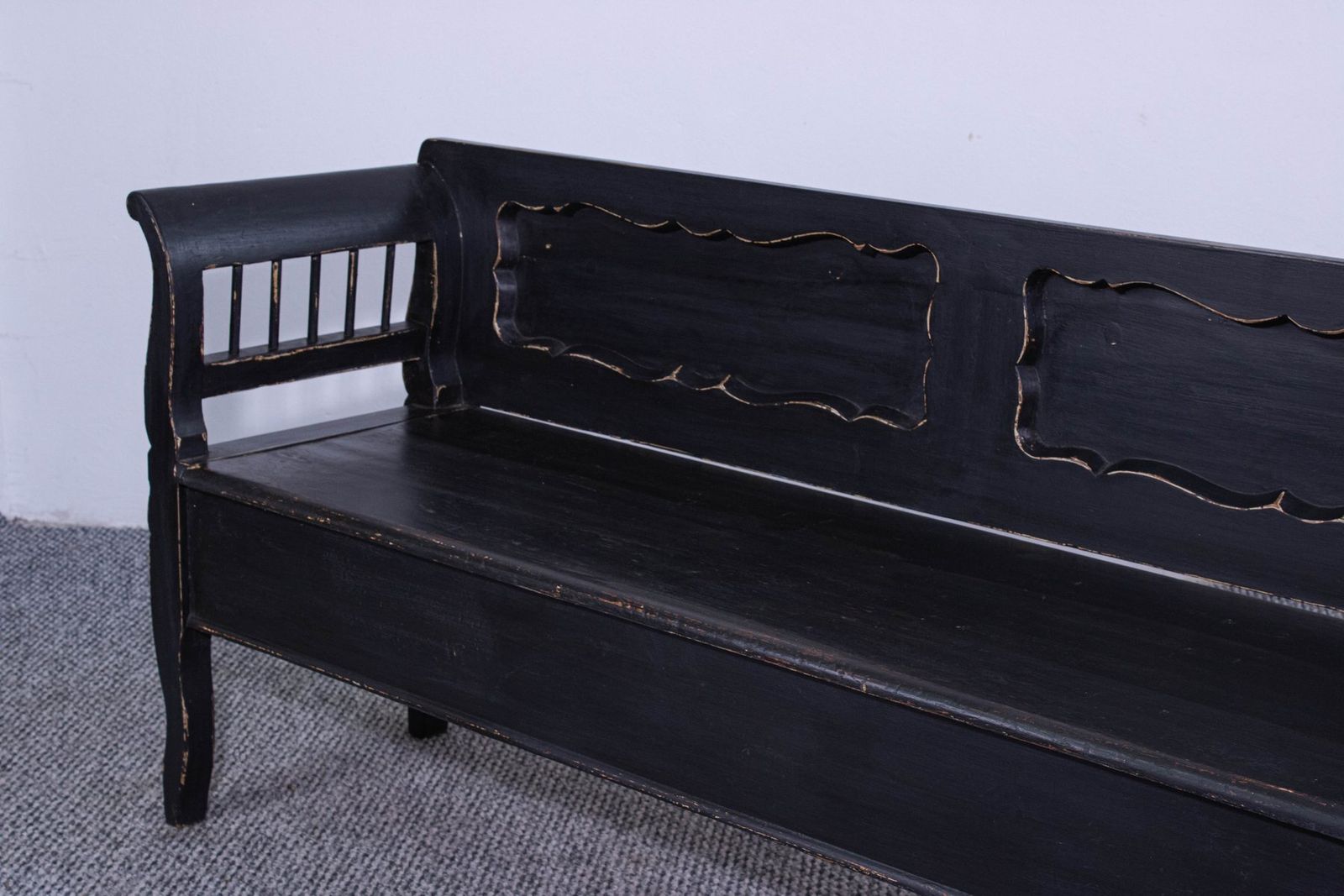 Antique Black Painted Pine Box Bench, Late 19th Century photo vintage