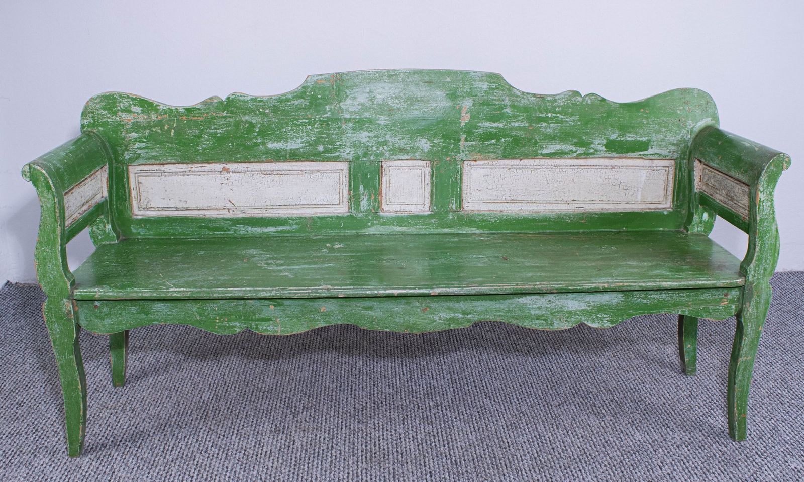 Antique Green And White Painted Pine Bench, Late 19th Century photo for sale
