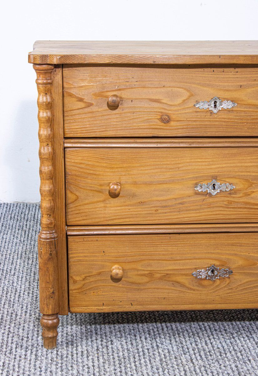 Antique Waxed Stripped Pine Chest Of 3 Drawers, Late 19th Century photo vinterior