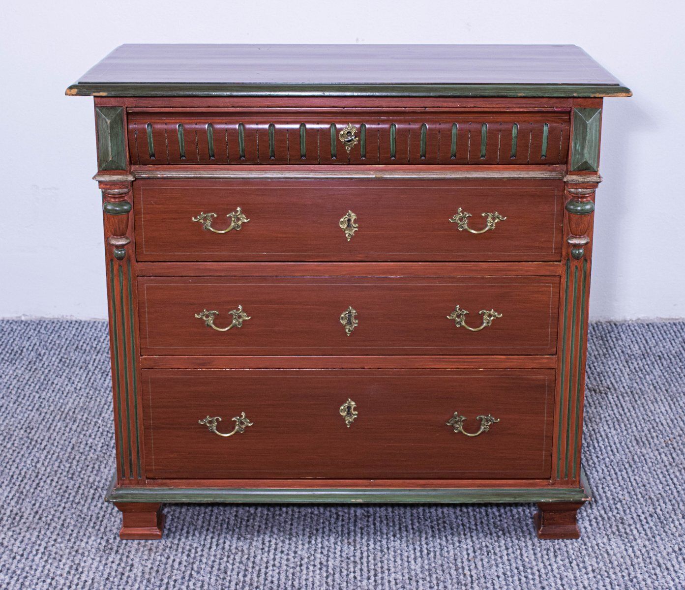 Small Antique Painted Pine Chest Of 4 Drawers, Late 19th Century photo vintage