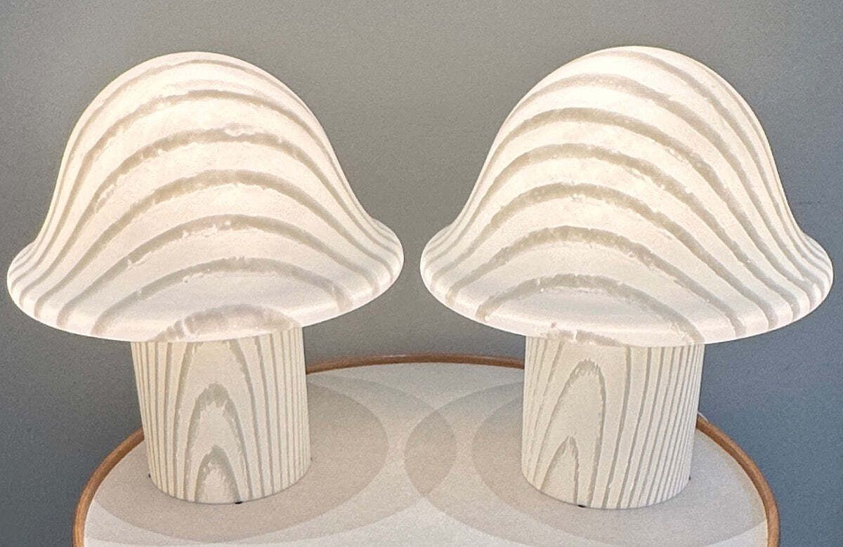 Pair Of Large 1970s Space Age Peill & Putzler Striped White Silky Glass Mushroom Table Lamps photo furniture