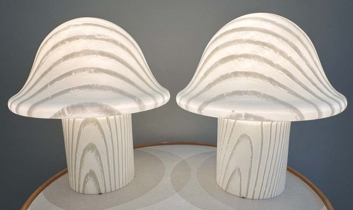 Pair Of Large 1970s Space Age Peill & Putzler Striped White Silky Glass Mushroom Table Lamps photo for sale